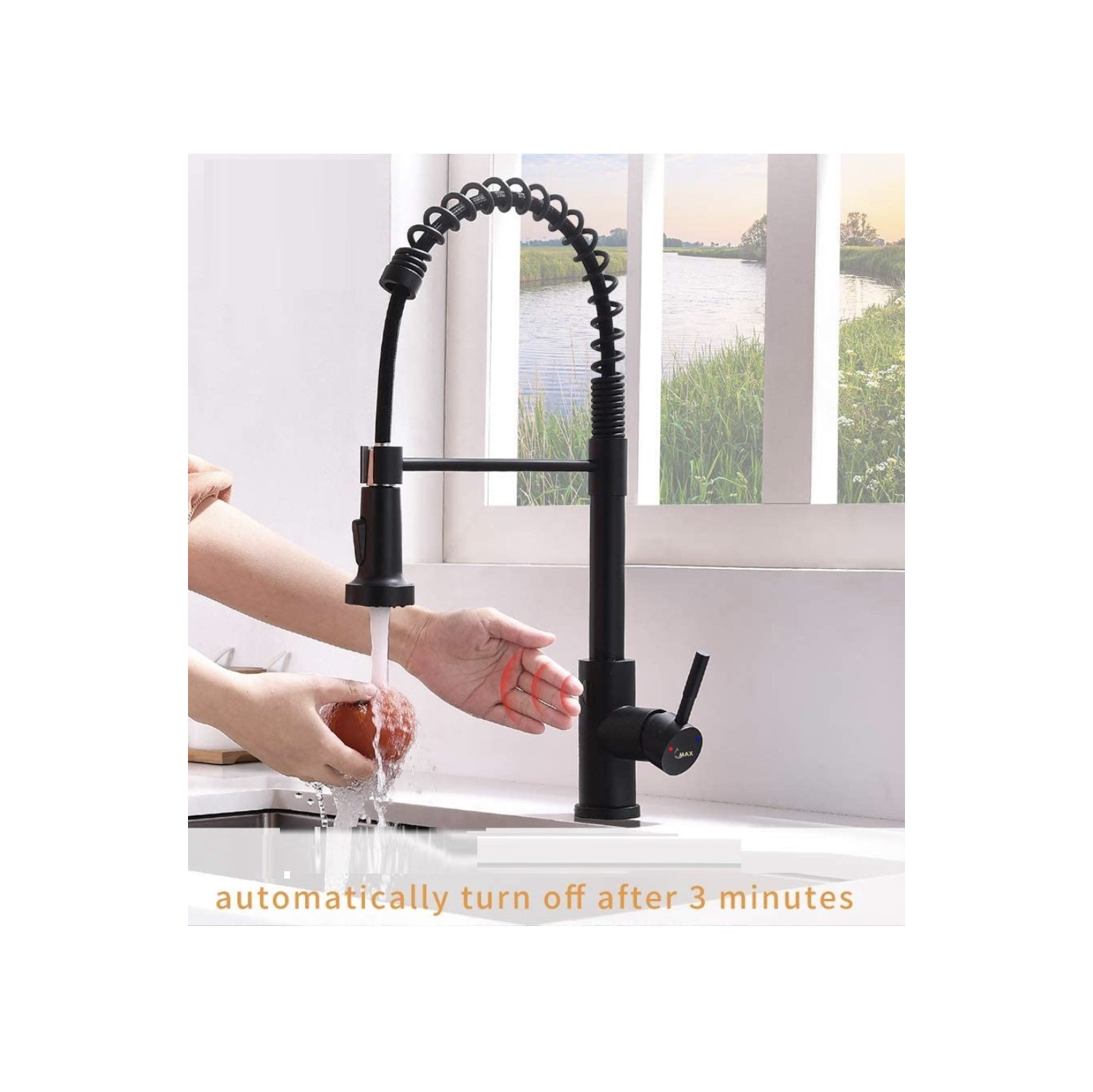 MAX Faucets Smart Touch-Less Kitchen Faucet Pull-Out Spring Spout 20" Matte Black Finish
