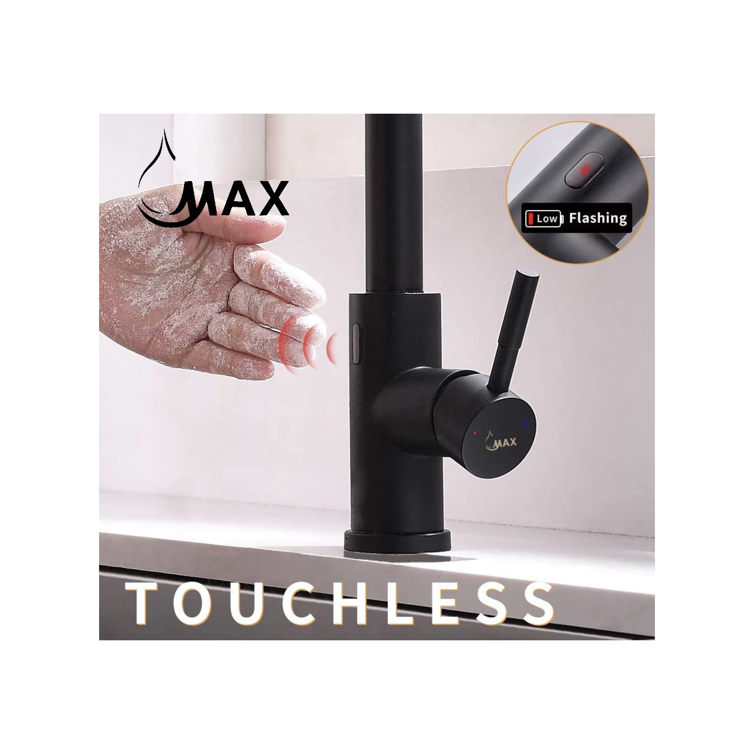 MAX Faucets Smart Touch-Less Kitchen Faucet Pull-Out Spring Spout 20" Matte Black Finish