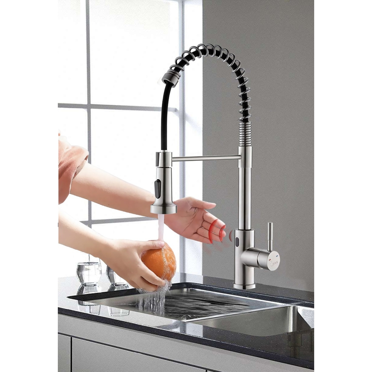 MAX Faucets Smart Touch-Less Kitchen Faucet Pull-Out Spring Spout 20" Brushed Nickel Finish