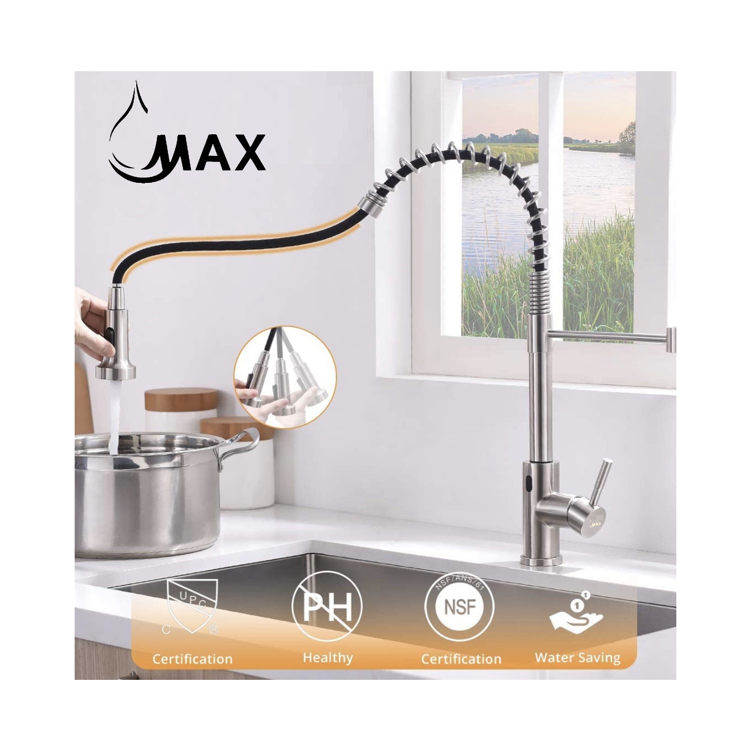 MAX Faucets Smart Touch-Less Kitchen Faucet Pull-Out Spring Spout 20" Brushed Nickel Finish