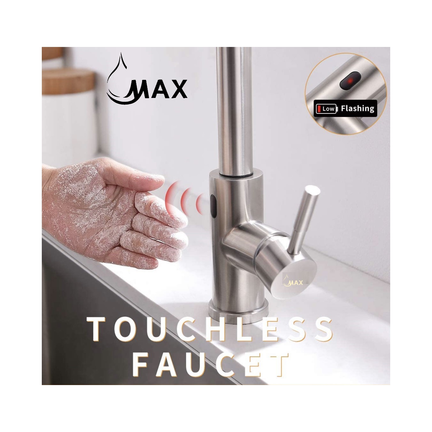MAX Faucets Smart Touch-Less Kitchen Faucet Pull-Out Spring Spout 20" Brushed Nickel Finish