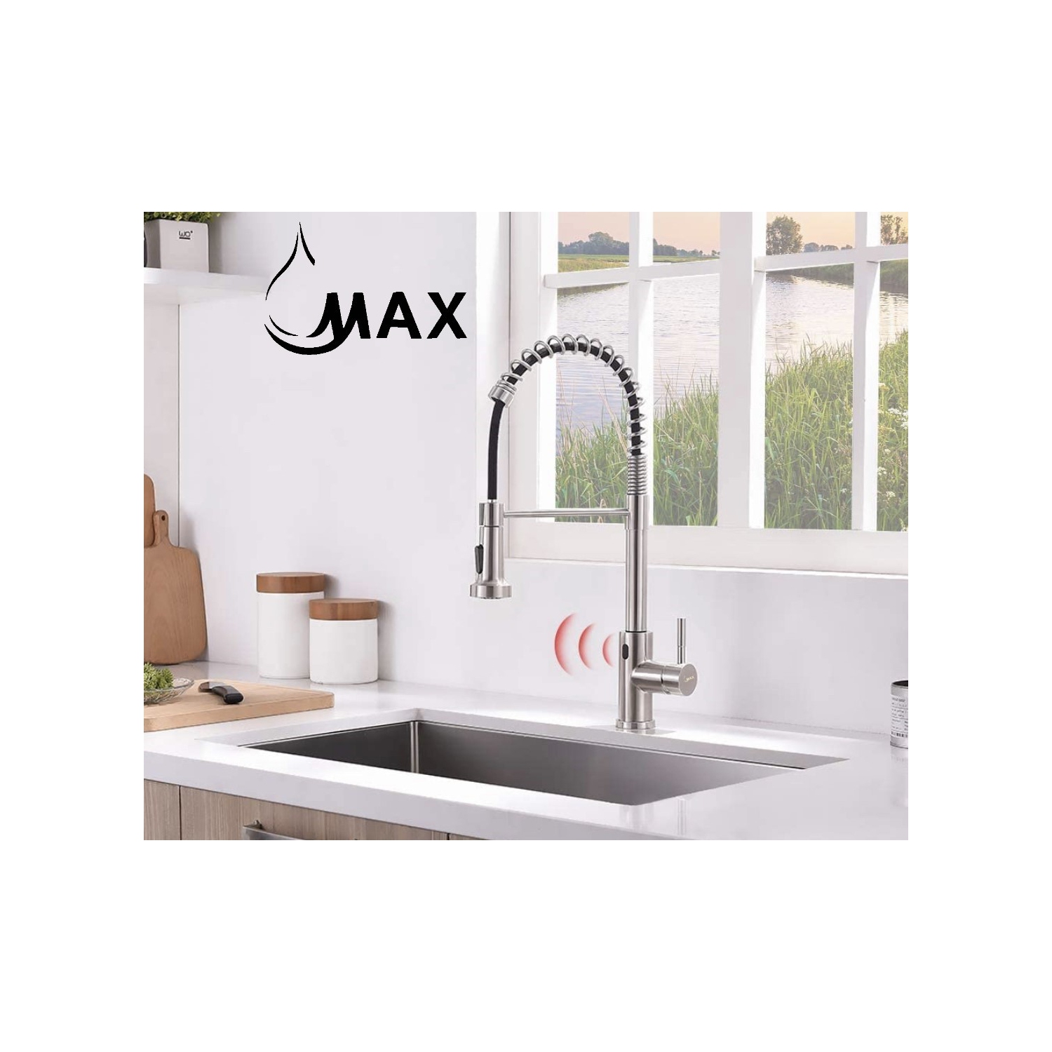 MAX Faucets Smart Touch-Less Kitchen Faucet Pull-Out Spring Spout 20" Brushed Nickel Finish