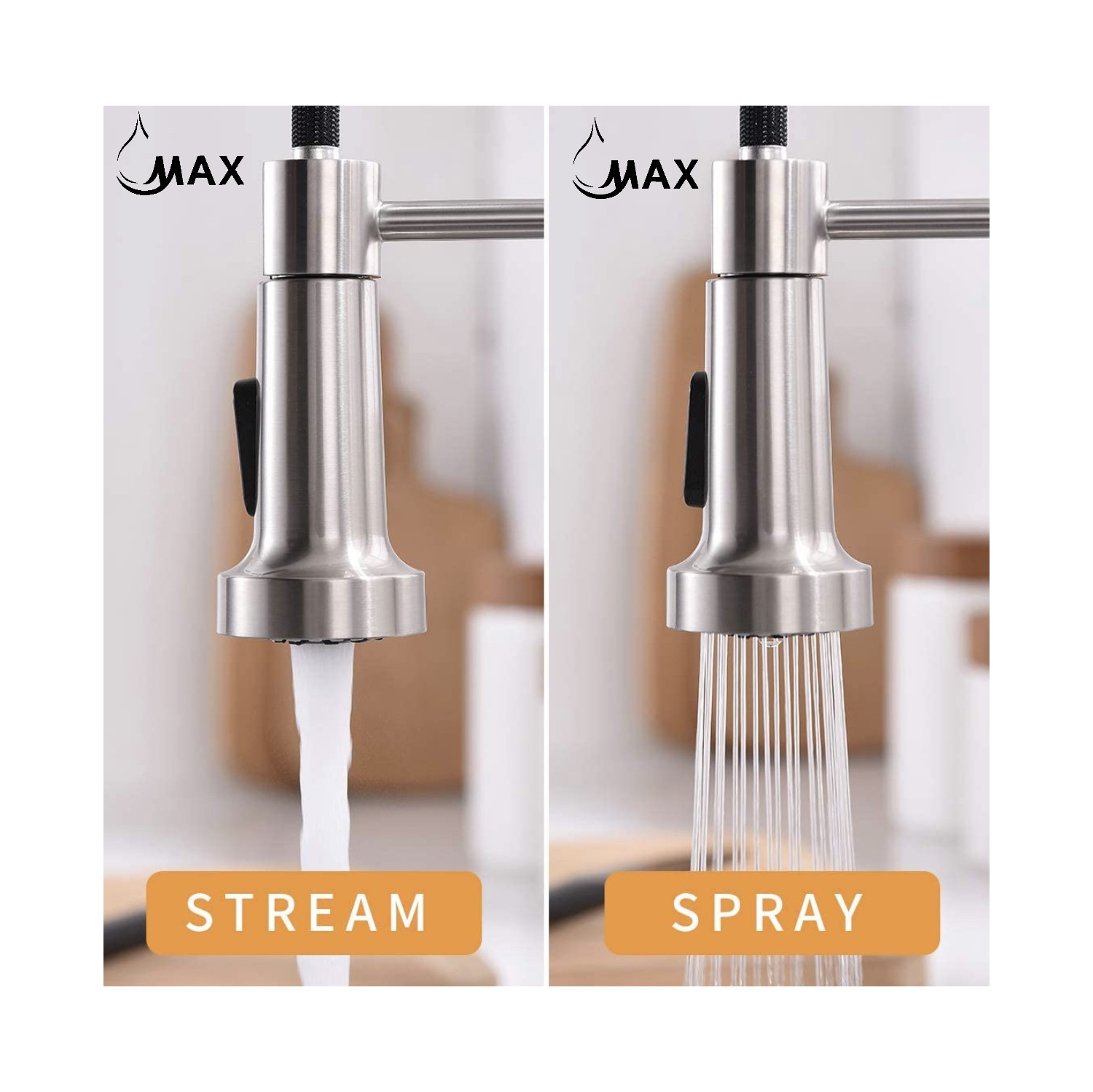 MAX Faucets Smart Touch-Less Kitchen Faucet Pull-Out Spring Spout 20" Brushed Nickel Finish