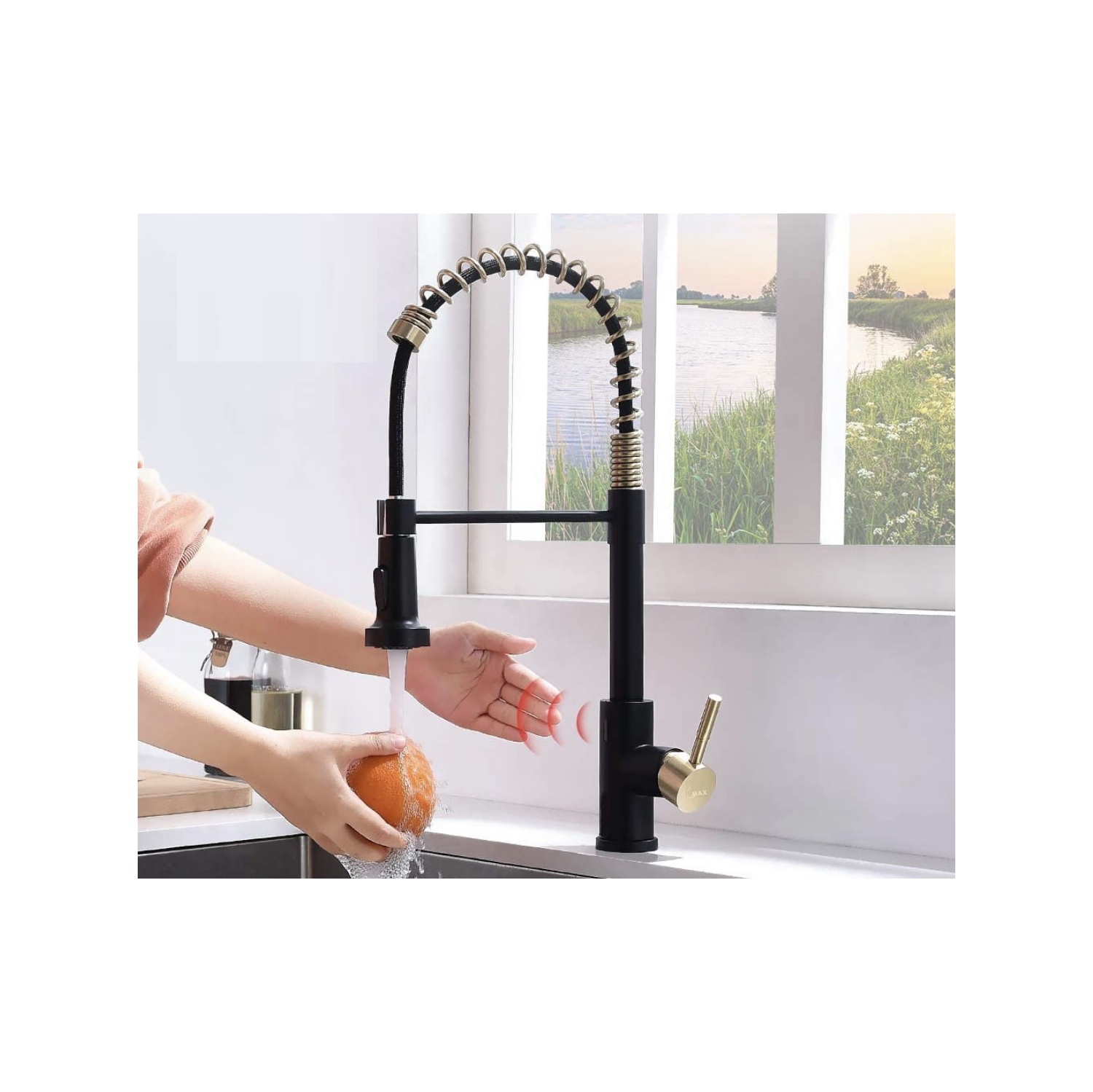 MAX Faucets Smart Touch-Less Kitchen Faucet Pull-Out Spring Spout 20" Matte Black, Brushed Gold Finish