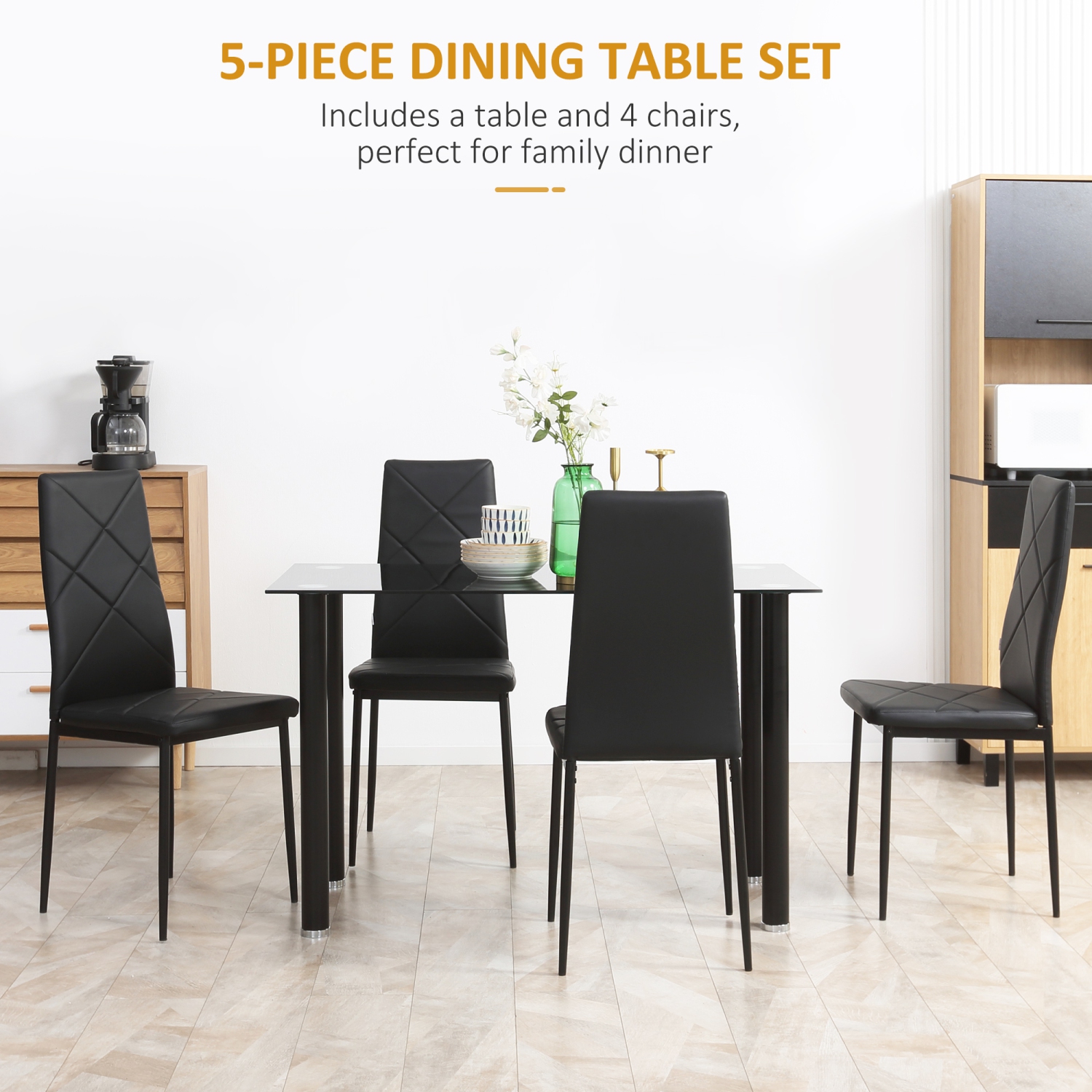 HOMCOM – Ensemble de table à manger moderne pour 4, ensemble de 5 tables de cuisine avec chaises rembourrées en cuir de polyuréthane, dessus de table