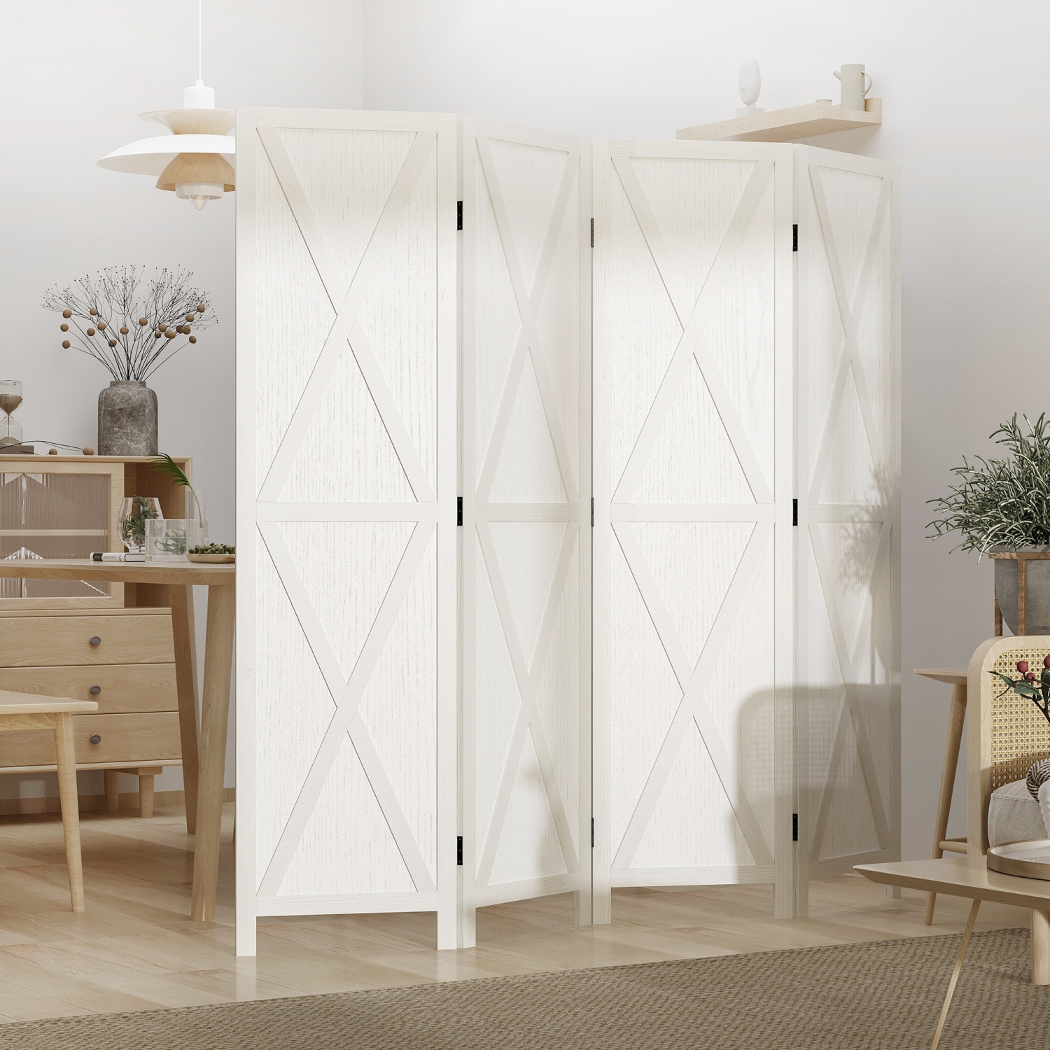 HOMCOM 4 Panel Room Divider, 5.6 Ft Folding Privacy Screen, Freestanding Wooden Wall Partition for Bedroom, Office, White