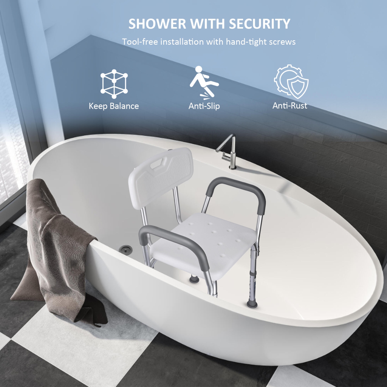 Chaise de douche avec accoudoirs et dossier, siège de douche à hauteur réglable avec pieds en caoutchouc antidérapants pour personnes âgées et