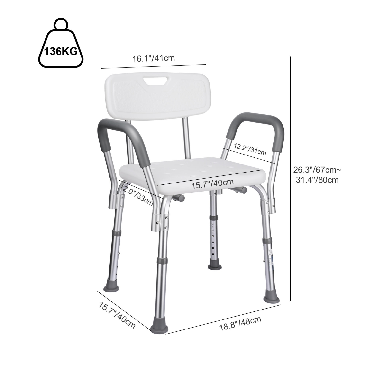 Chaise de douche avec accoudoirs et dossier, siège de douche à hauteur réglable avec pieds en caoutchouc antidérapants pour personnes âgées et