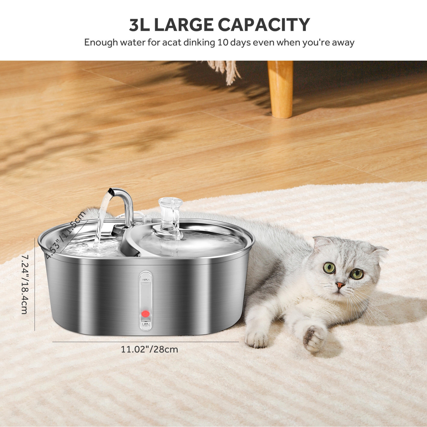 Fontaine d'eau automatique pour animal de compagnie en acier inoxydable de 3 L, distributeur d'eau pour chien 3 L/101 oz avec fenêtre