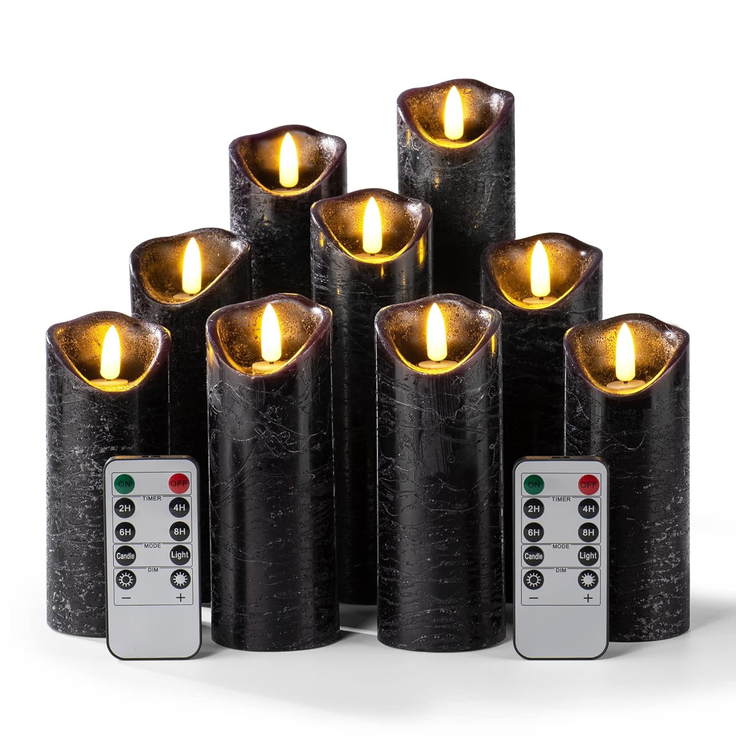 Set of 9 Flameless Candles Black Candles Battery Operated LED Real Wax Flickering Electric Candles with Remote Control Timer