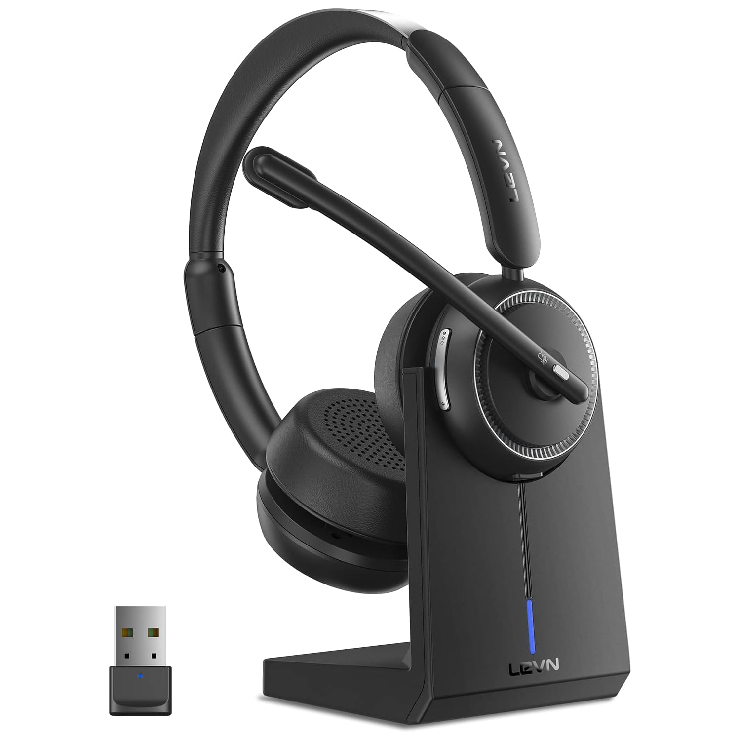 LEVN Wireless Headset, Bluetooth Headset with Noise Canceling Microphone & Charging Base, 65 Hrs Working Time 2.4G Headset with Microphone for PC/Laptop/Computer