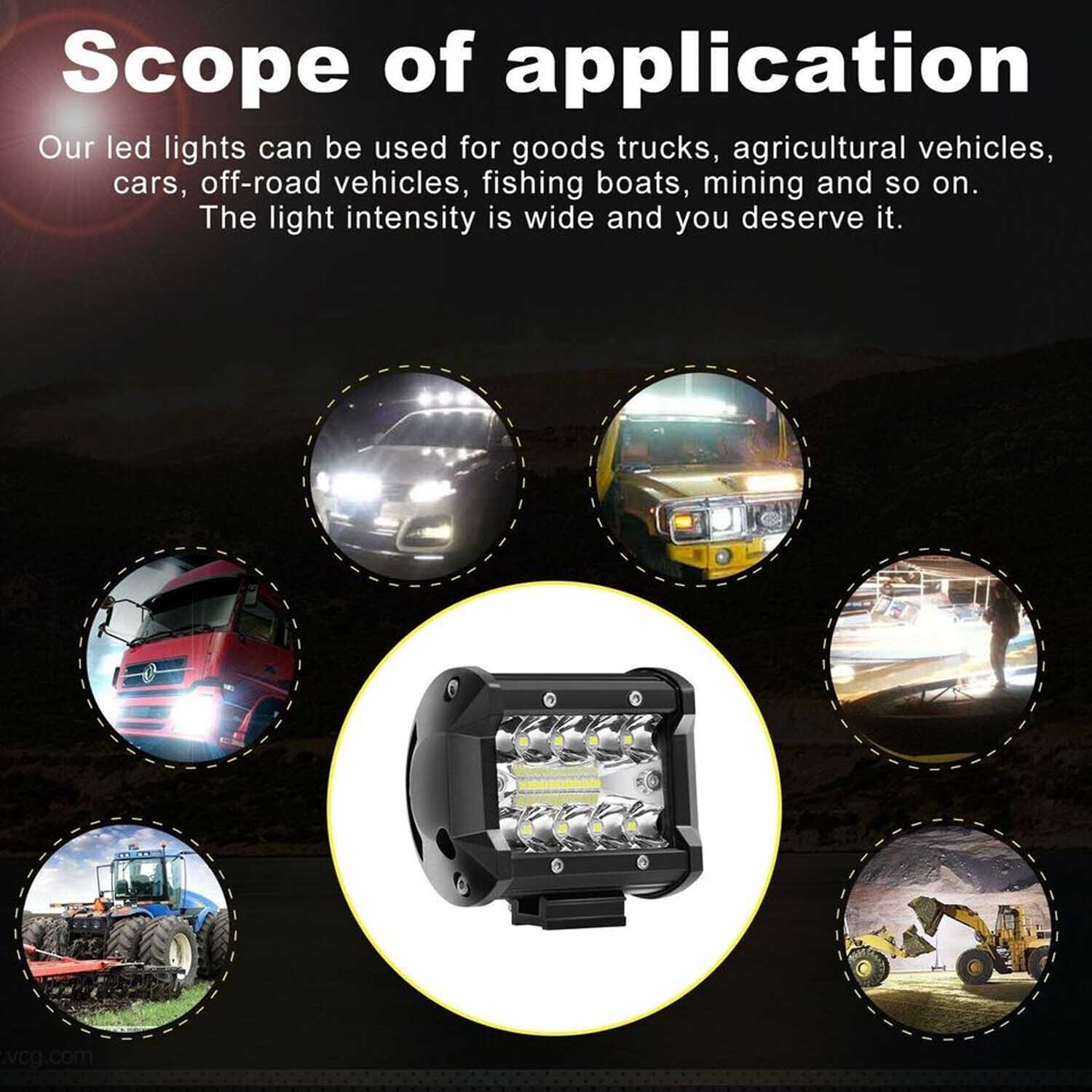 Barre de phares de travail à DEL de 4 po, projecteur, ensemble de phares antibrouillards tout terrain pour VTT