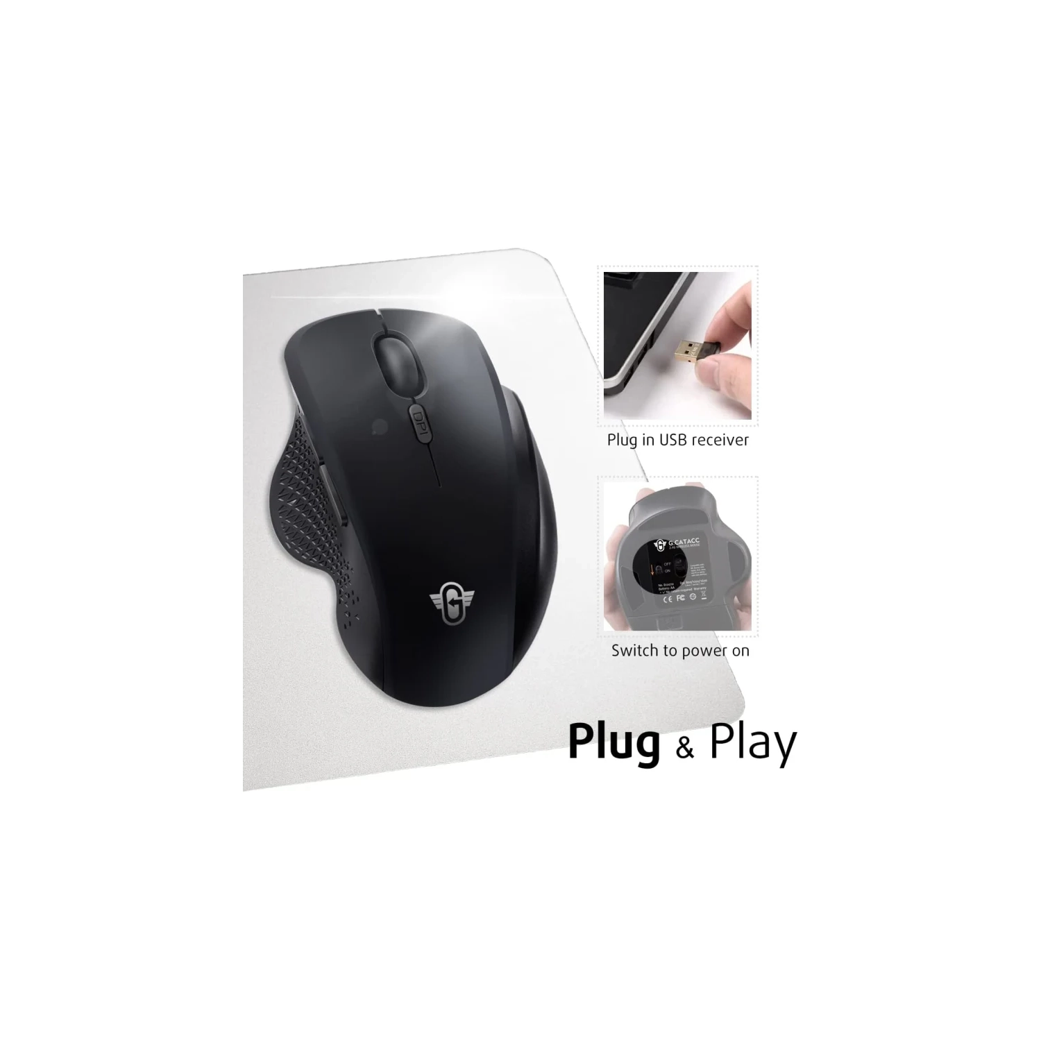 Souris sans fil noire mate pour portable et PC | Souris de jeu ergonomique pleine grandeur | récepteur USB pour Windows, Chrome, MacOS | batterie