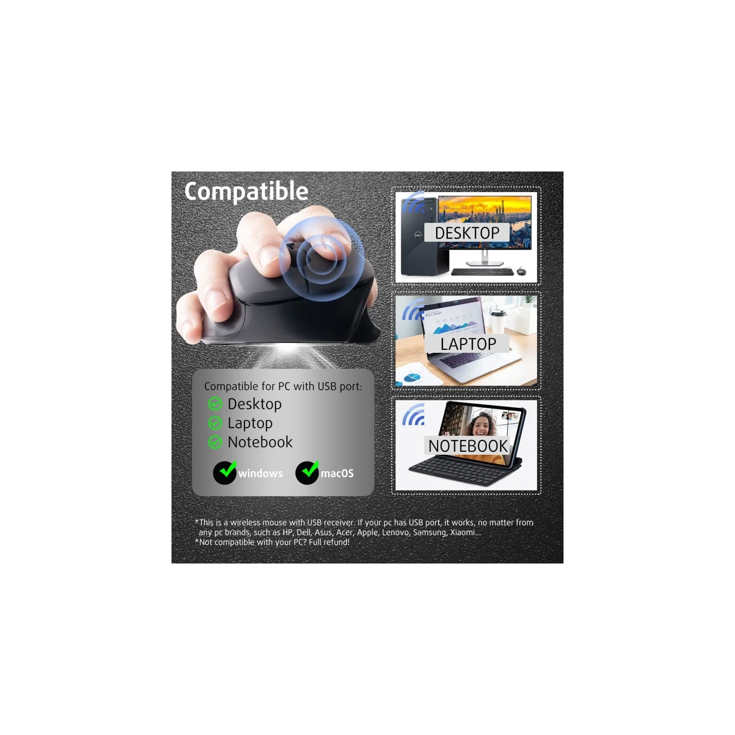 Souris sans fil noire mate pour portable et PC | Souris de jeu ergonomique pleine grandeur | récepteur USB pour Windows, Chrome, MacOS | batterie