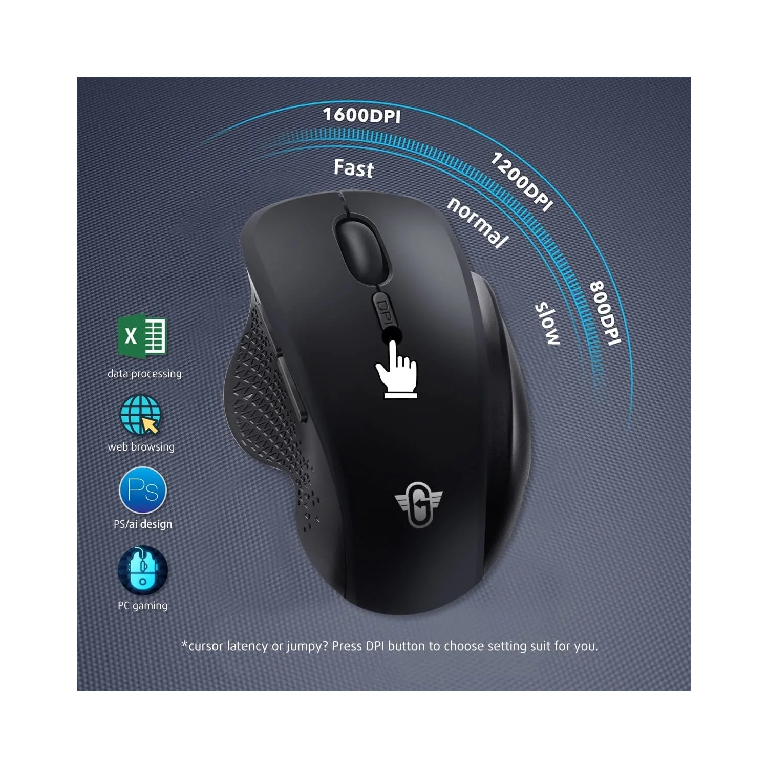 Souris sans fil noire mate pour portable et PC | Souris de jeu ergonomique pleine grandeur | récepteur USB pour Windows, Chrome, MacOS | batterie