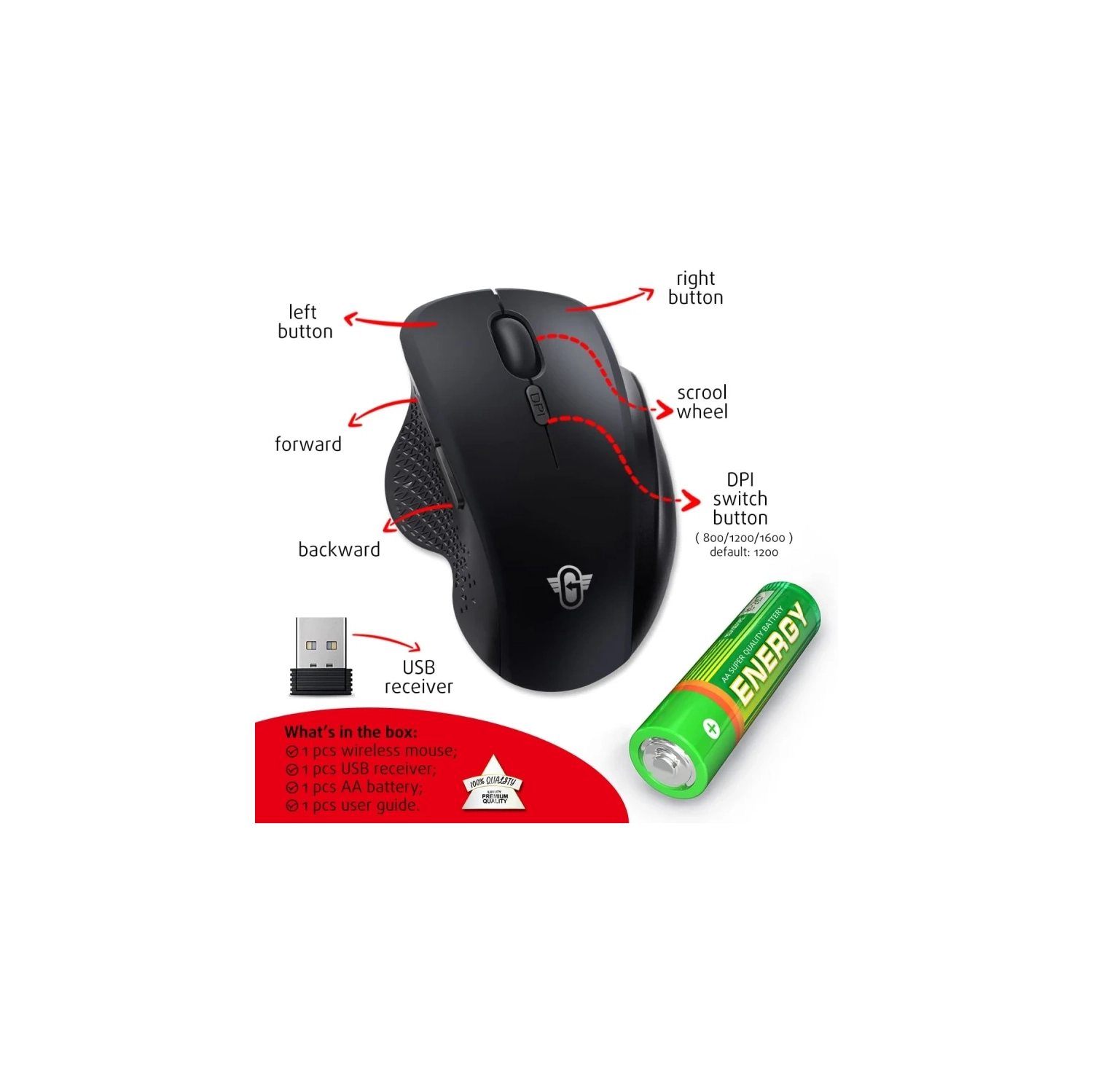 Souris sans fil noire mate pour portable et PC | Souris de jeu ergonomique pleine grandeur | récepteur USB pour Windows, Chrome, MacOS | batterie