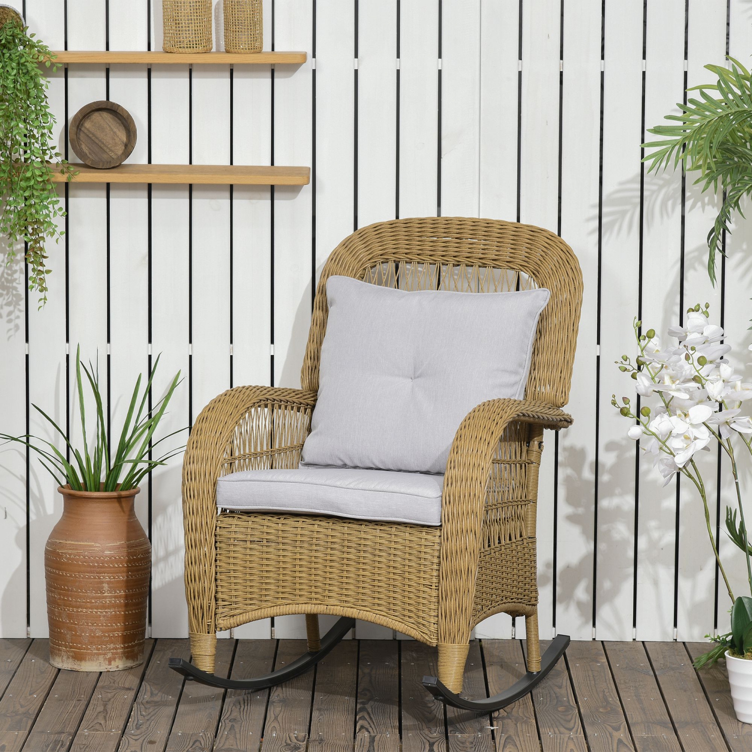 Outsunny Outdoor PE Rattan Rocking Chair with Cushions, Patio Luxury Round Wicker Garden Porch Furniture w/ Armrest and High Backrest for Backyard,