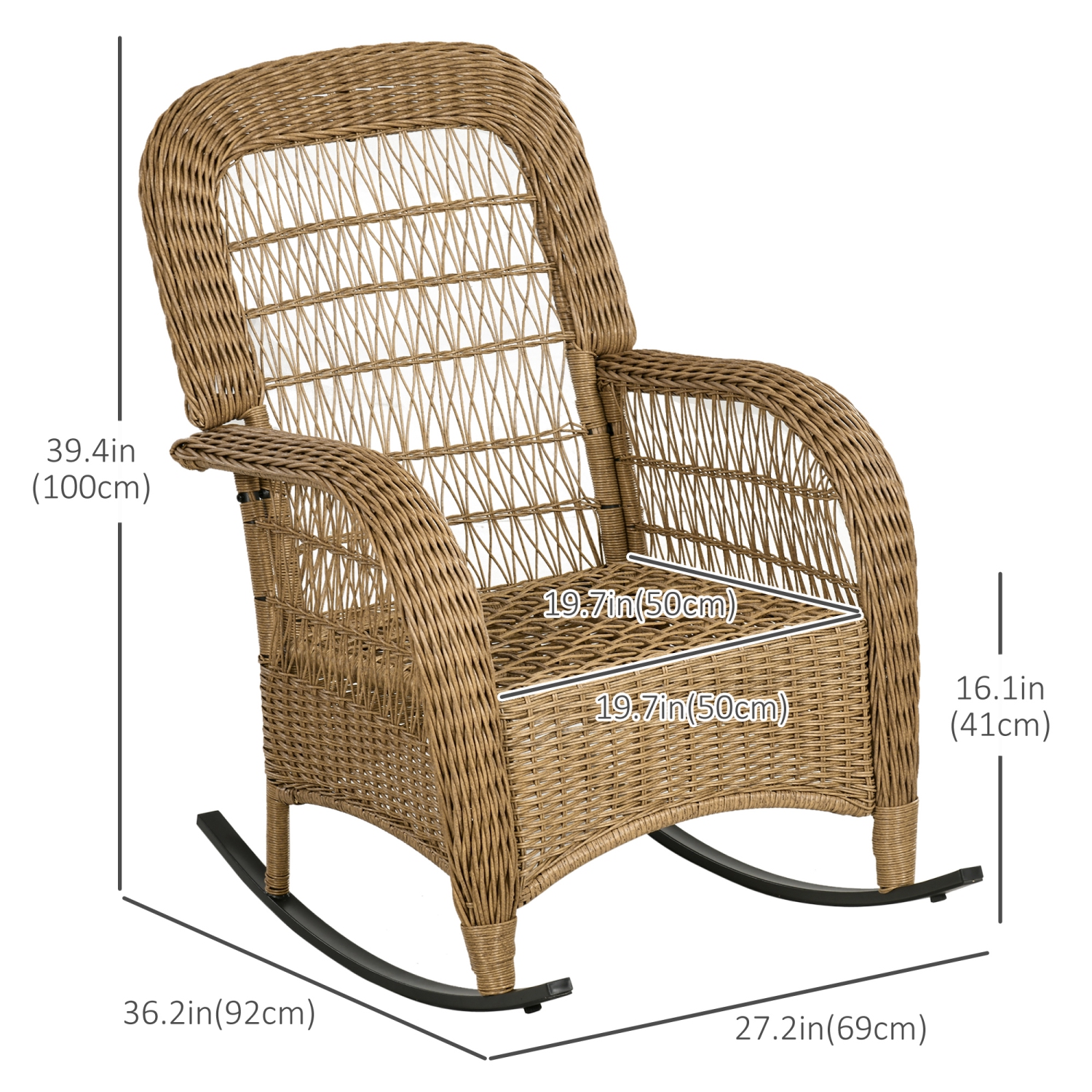 Outsunny Outdoor PE Rattan Rocking Chair with Cushions, Patio Luxury Round Wicker Garden Porch Furniture w/ Armrest and High Backrest for Backyard,