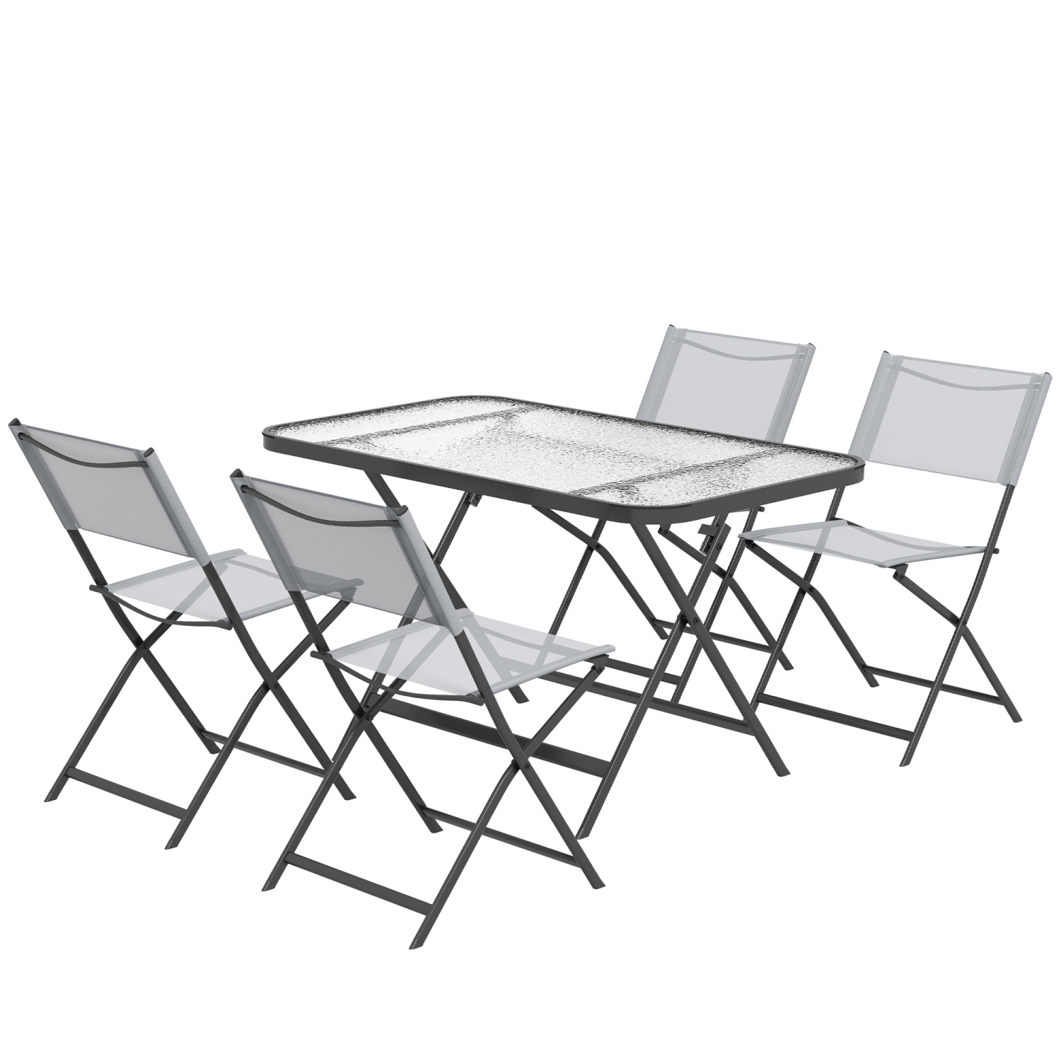 Outsunny 5 Pieces Foldable Patio Dining Table and Chairs, Outdoor Dining Set for 4 with Large Rectangle Glass Top Table and 4 Stackable Chairs for Conservatory, Garden, Deck, Grey