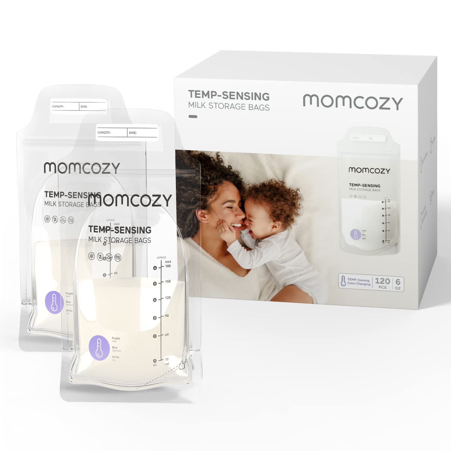 Sacs de stockage de lait maternel MomCozy, 120 CT, sacs de rangement d’allaitement à détection de température, 6&nbsp;oz/180&nbsp;ml