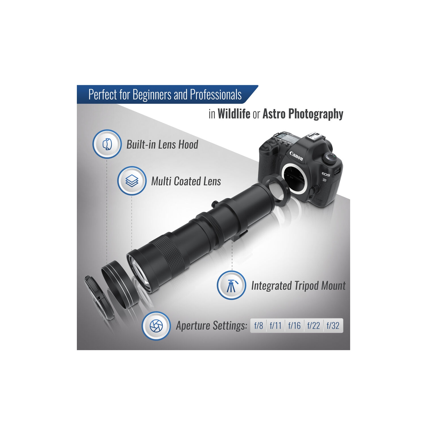 Téléobjectif zoom 420-800&nbsp;mm 80D/840-1600&nbsp;mm f/8 d'Ultimaxx pour appareil photo 77D de Canon avec 70D 90D