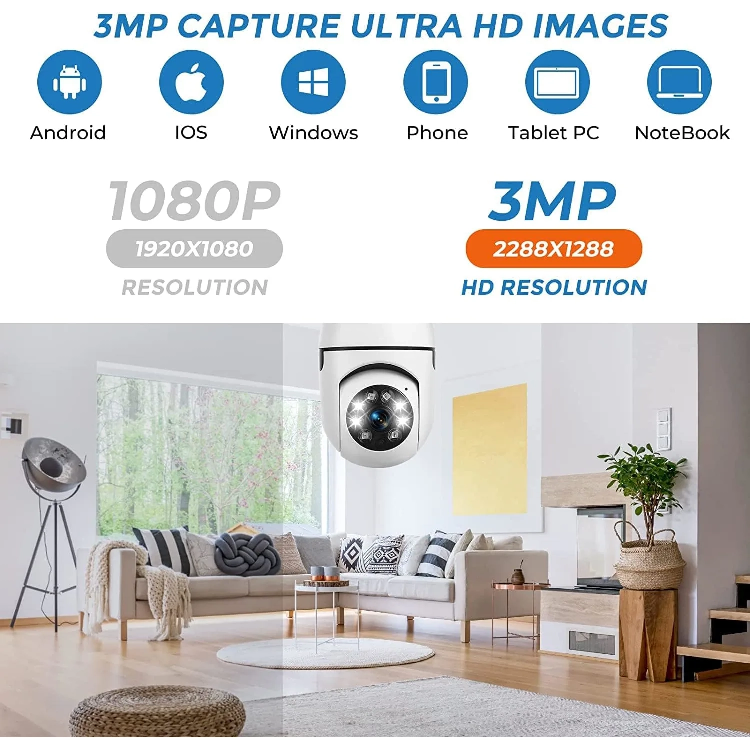 WiFi Light Bulb Camera 1080P - 360° Panoramic Cameras | Smart Indoor Security Camera with Full-Color Day/Night Vision | APP Remote, Motion Detection