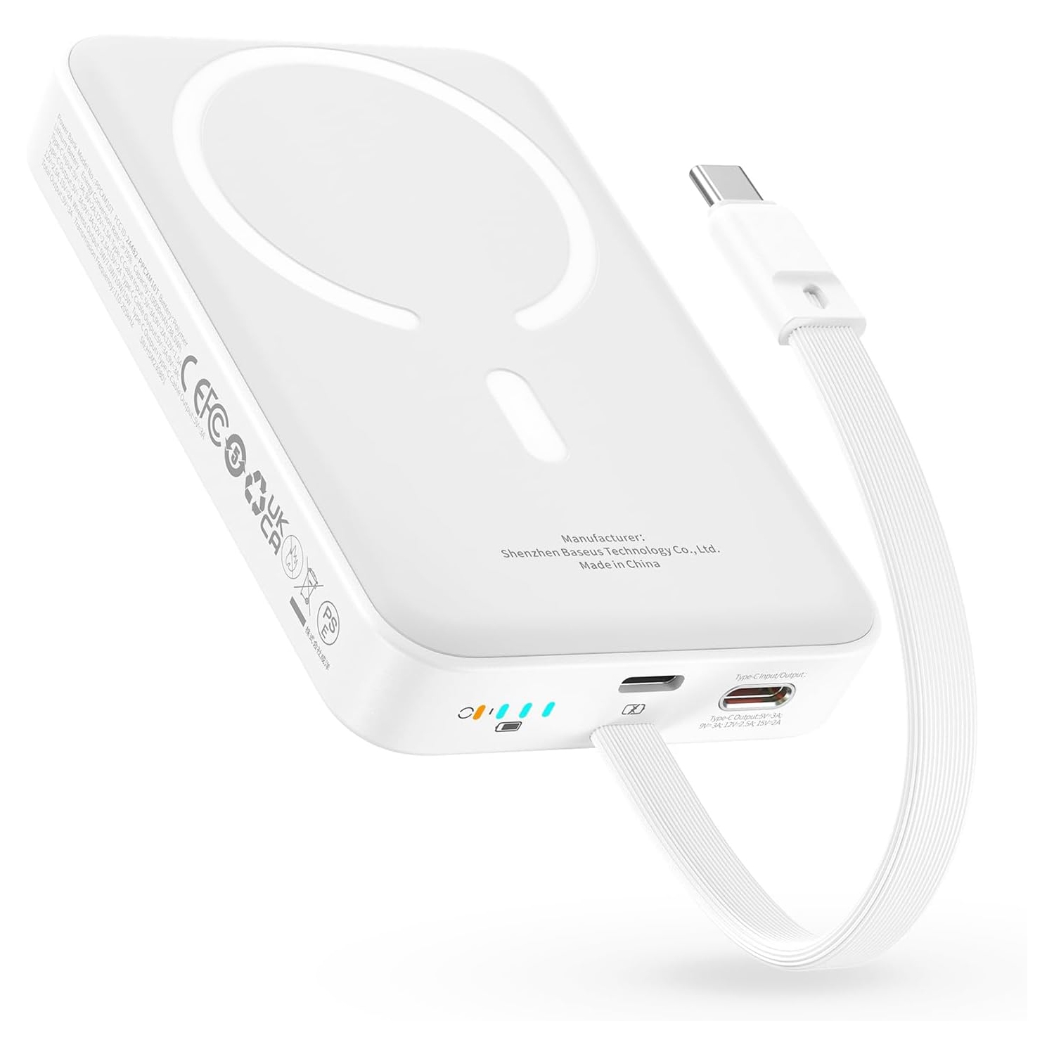 Baseus Magsafe Magnetic Power Bank PD 30W Fast Charging Portable Charger with USB-C Cable Battery Pack for iPhone 15 Samsung White