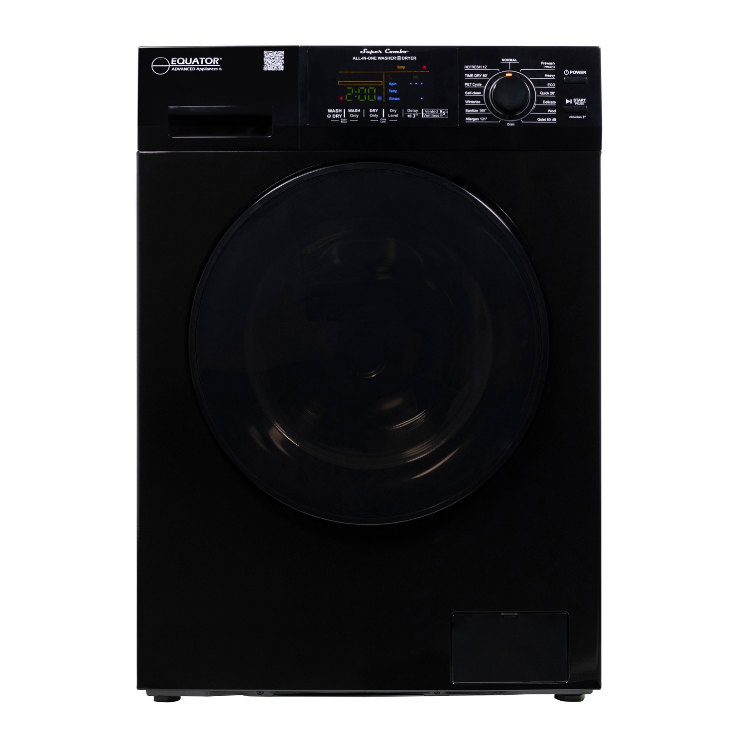 Equator All-in-One Washer Dryer VENTLESS/VENTED PET cycle 1.62cf/15lbs 110V in Black