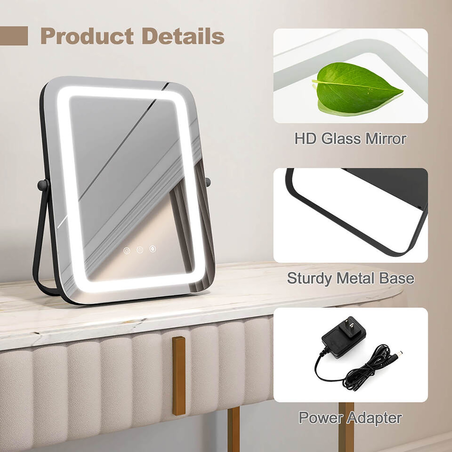 Gymax 16'' x 12'' 3-Color LED Vanity Mirror 360° Rotation Dimmable Touch Control