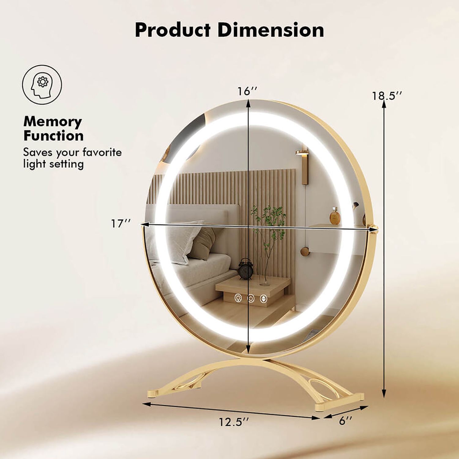 Gymax 16'' Round Makeup Vanity Mirror 3 Color Dimmable Lights Memory Function