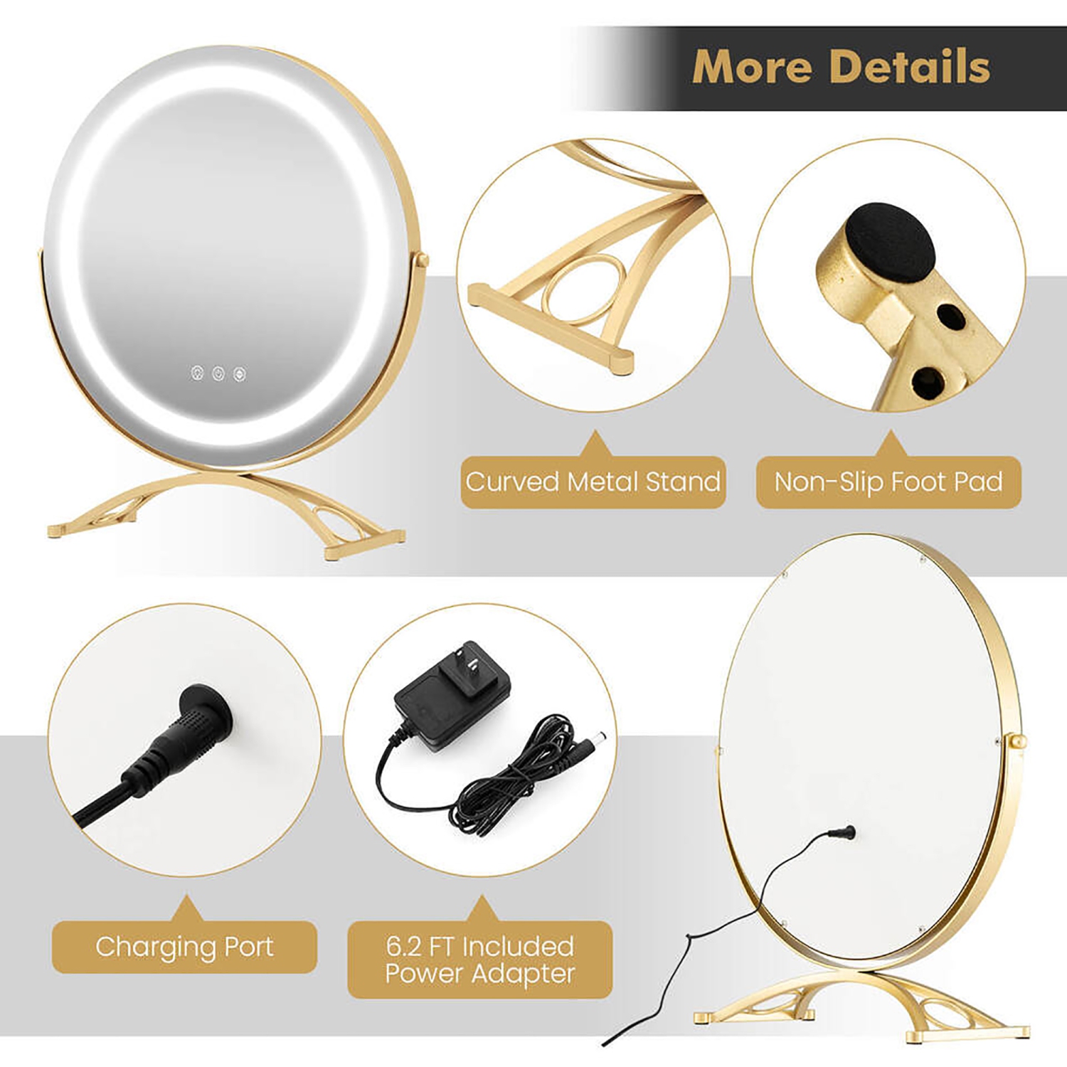 Gymax 16'' Round Makeup Vanity Mirror 3 Color Dimmable Lights Memory Function