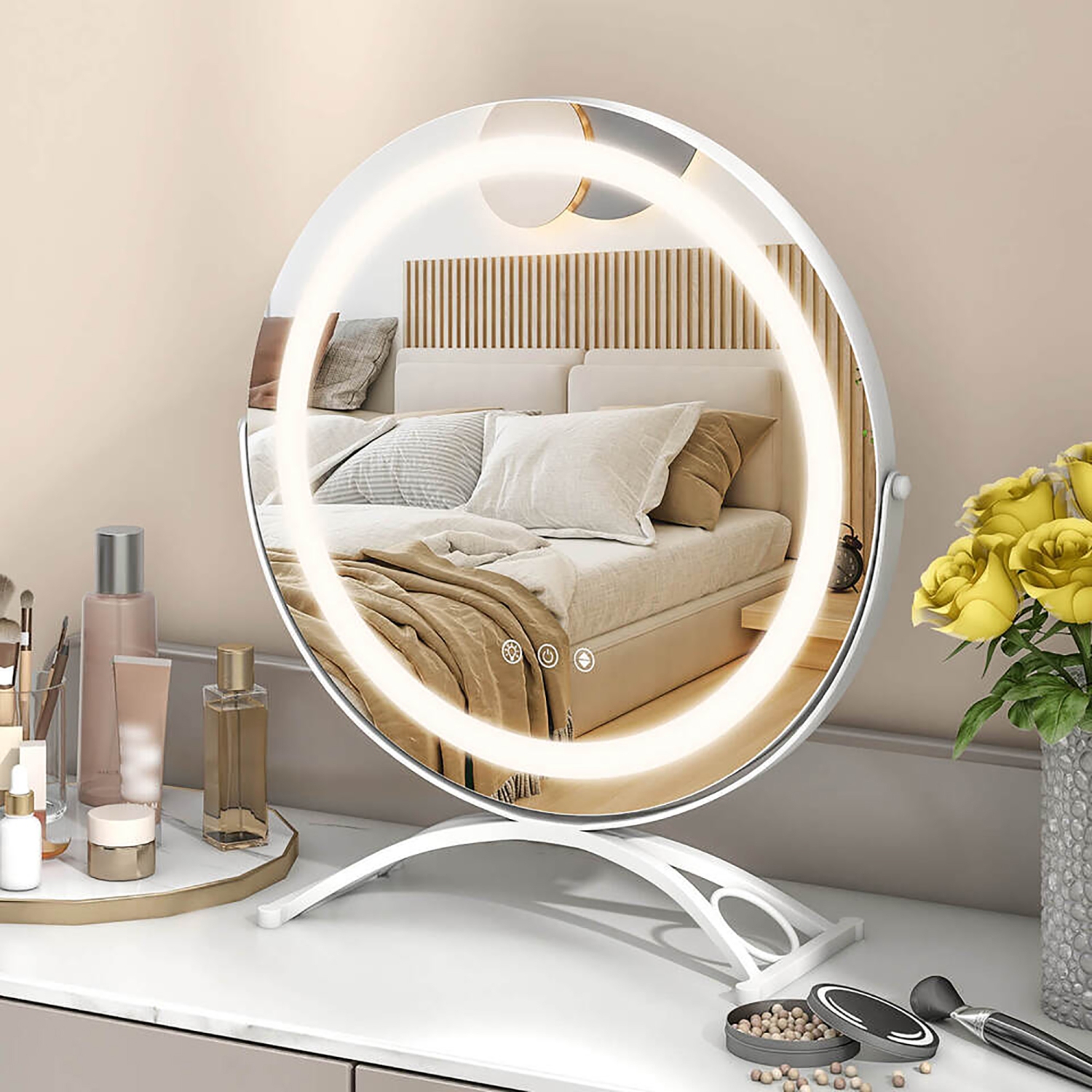 Gymax 16'' Round Makeup Vanity Mirror 3 Color Dimmable Lights Memory Function