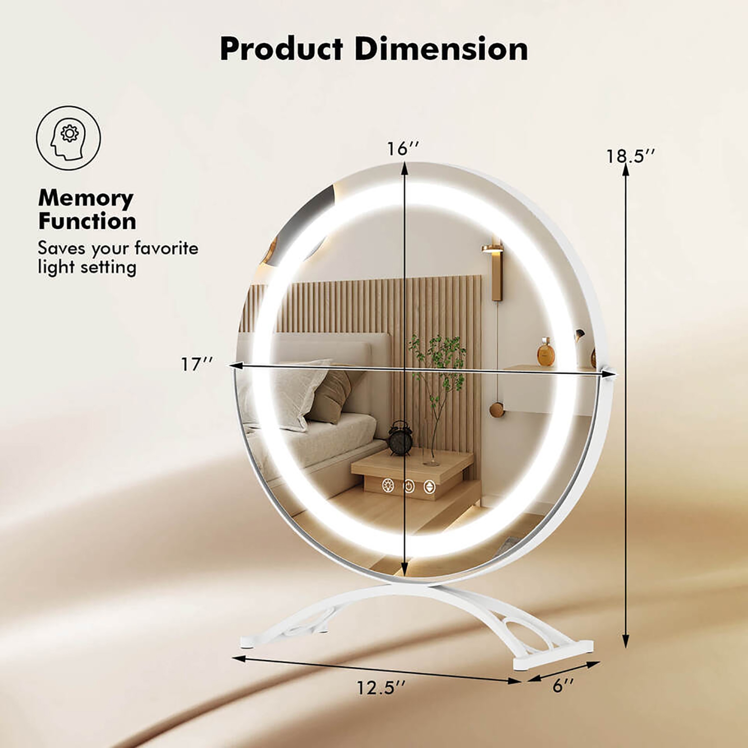 Gymax 16'' Round Makeup Vanity Mirror 3 Color Dimmable Lights Memory Function