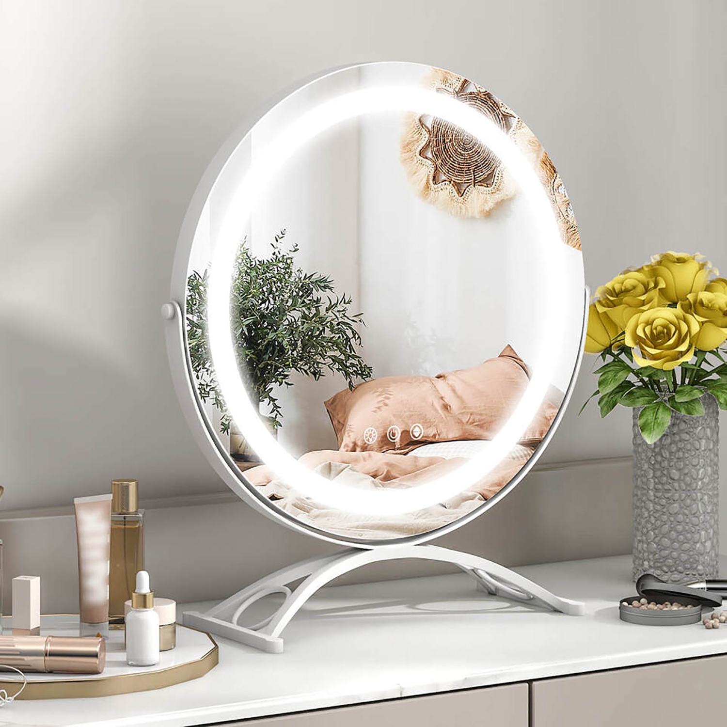 Gymax 16'' Round Makeup Vanity Mirror 3 Color Dimmable Lights Memory Function