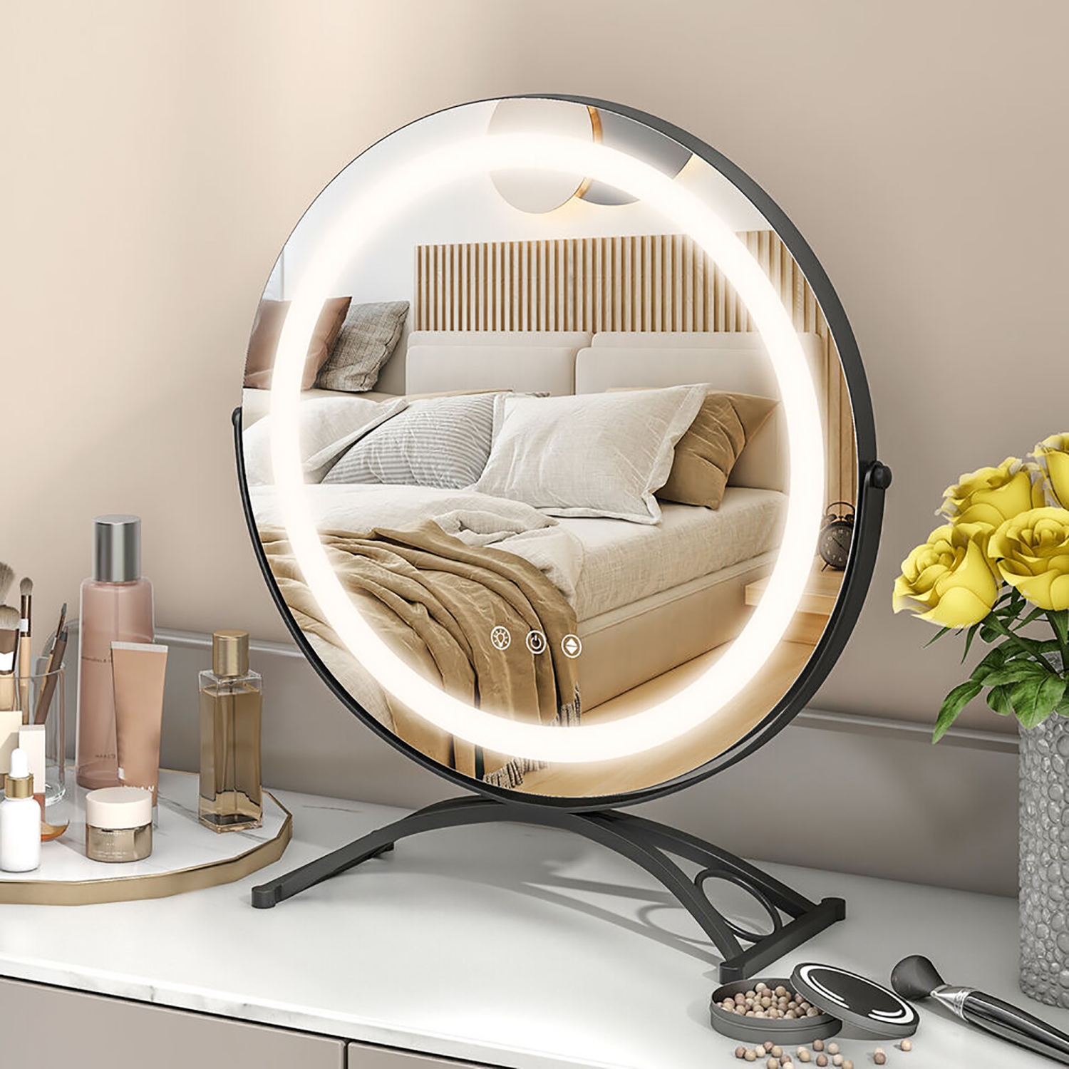 Gymax 16'' Round Makeup Vanity Mirror 3 Color Dimmable Lights Memory Function