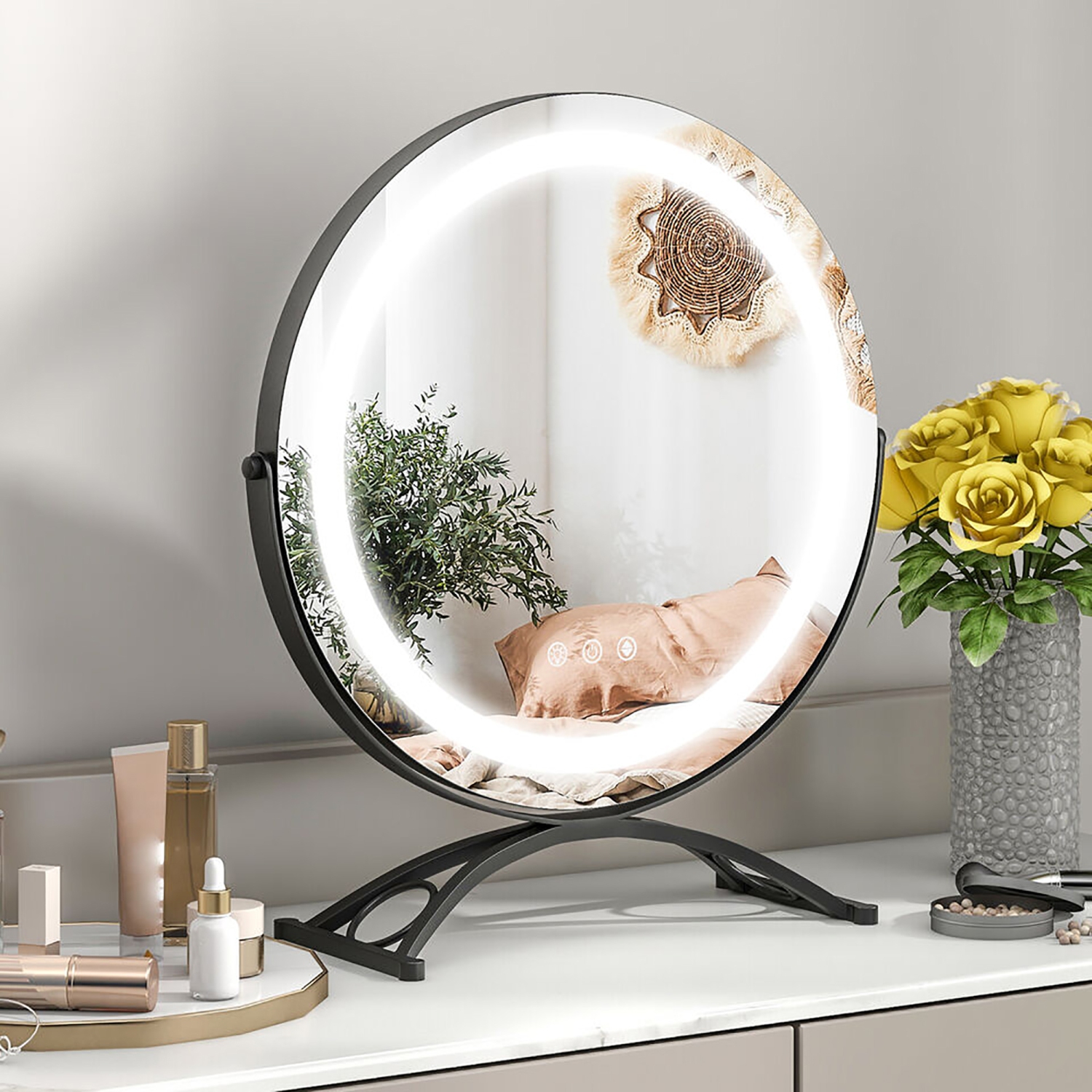 Gymax 16'' Round Makeup Vanity Mirror 3 Color Dimmable Lights Memory Function