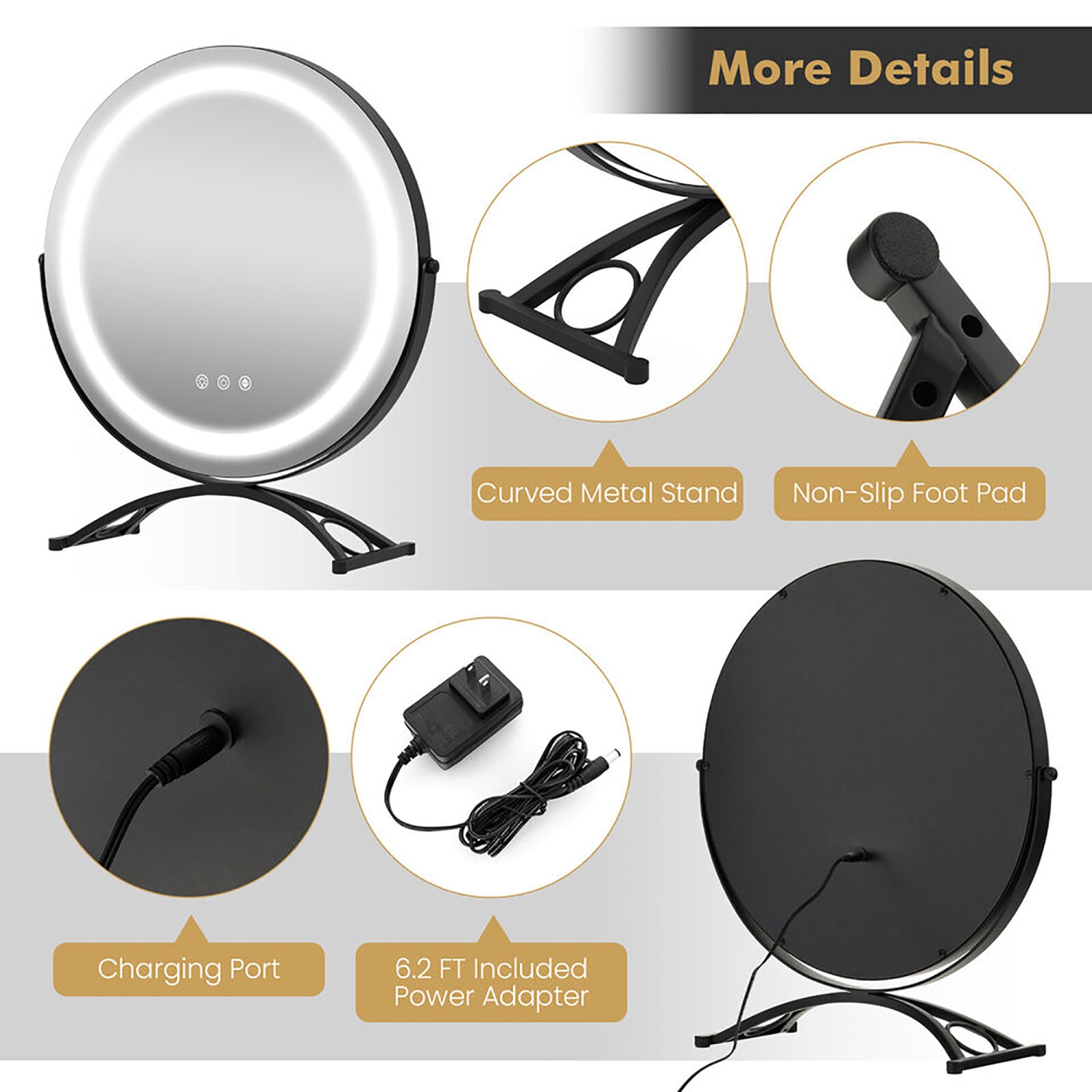 Gymax 16'' Round Makeup Vanity Mirror 3 Color Dimmable Lights Memory Function