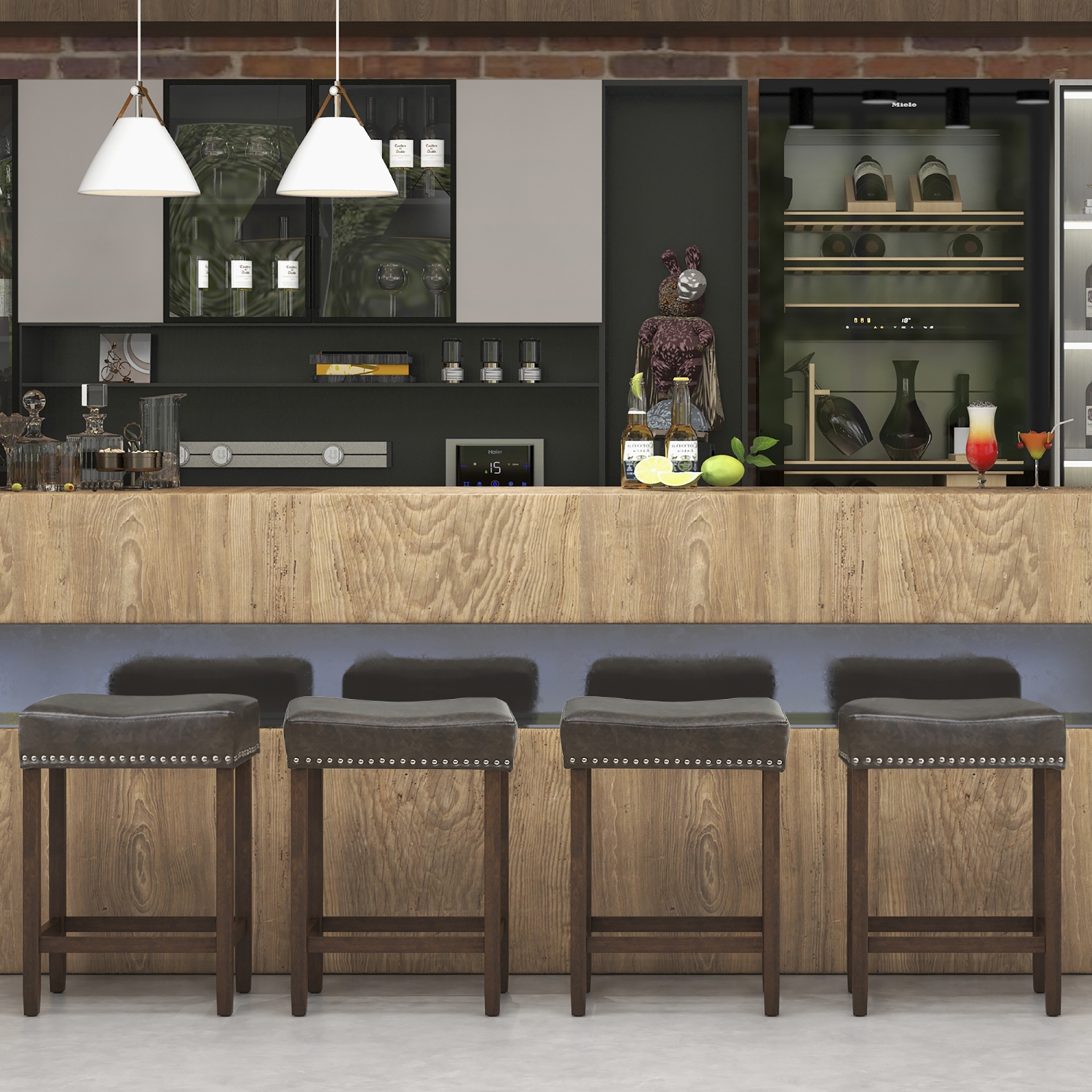 Gymax Bar Stool Set of 4 24-Inch Counter Height Saddle Stools w/ PU Leather Upholstery