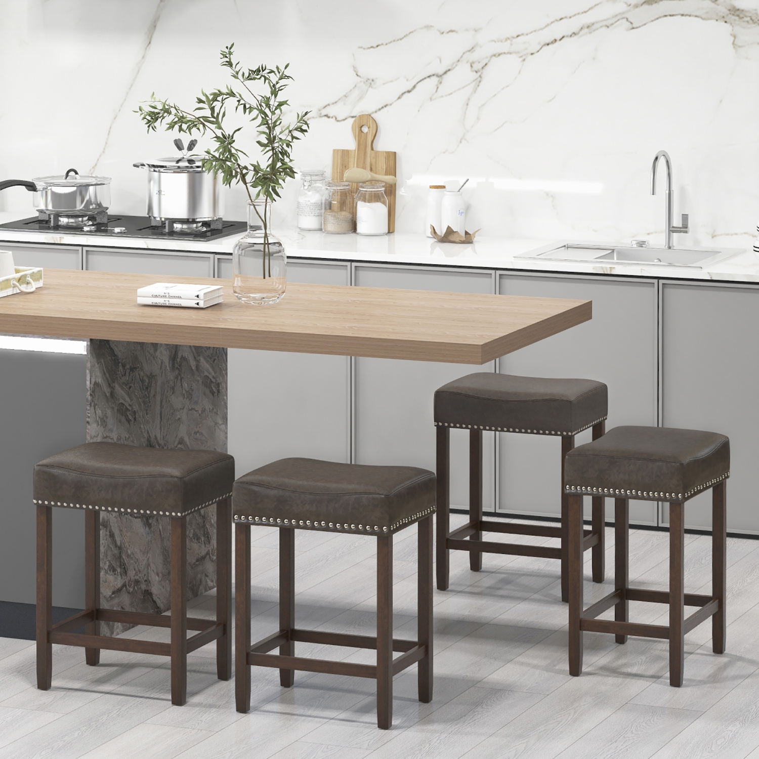 Gymax Bar Stool Set of 4 24-Inch Counter Height Saddle Stools w/ PU Leather Upholstery