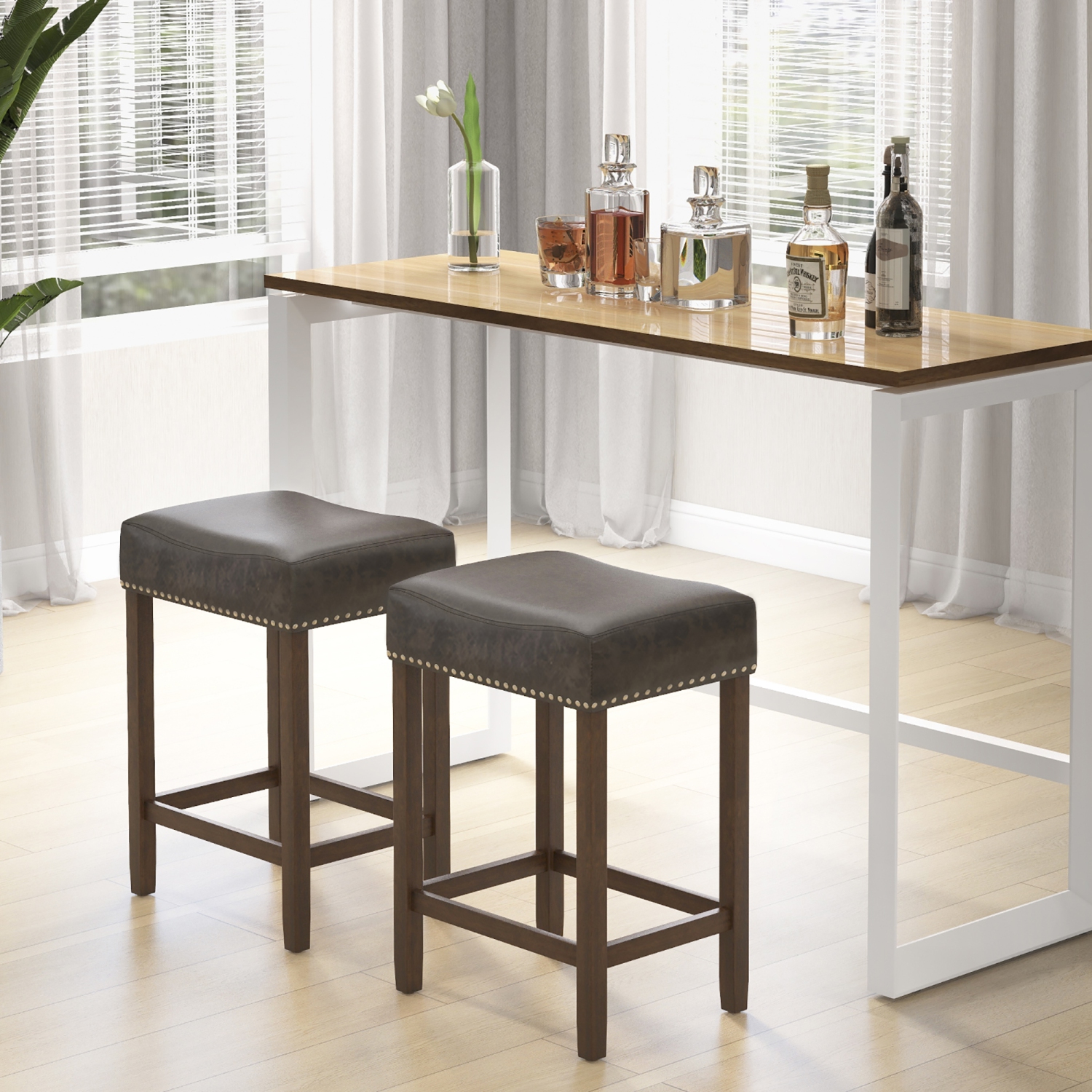 Gymax Bar Stool Set of 4 24-Inch Counter Height Saddle Stools w/ PU Leather Upholstery