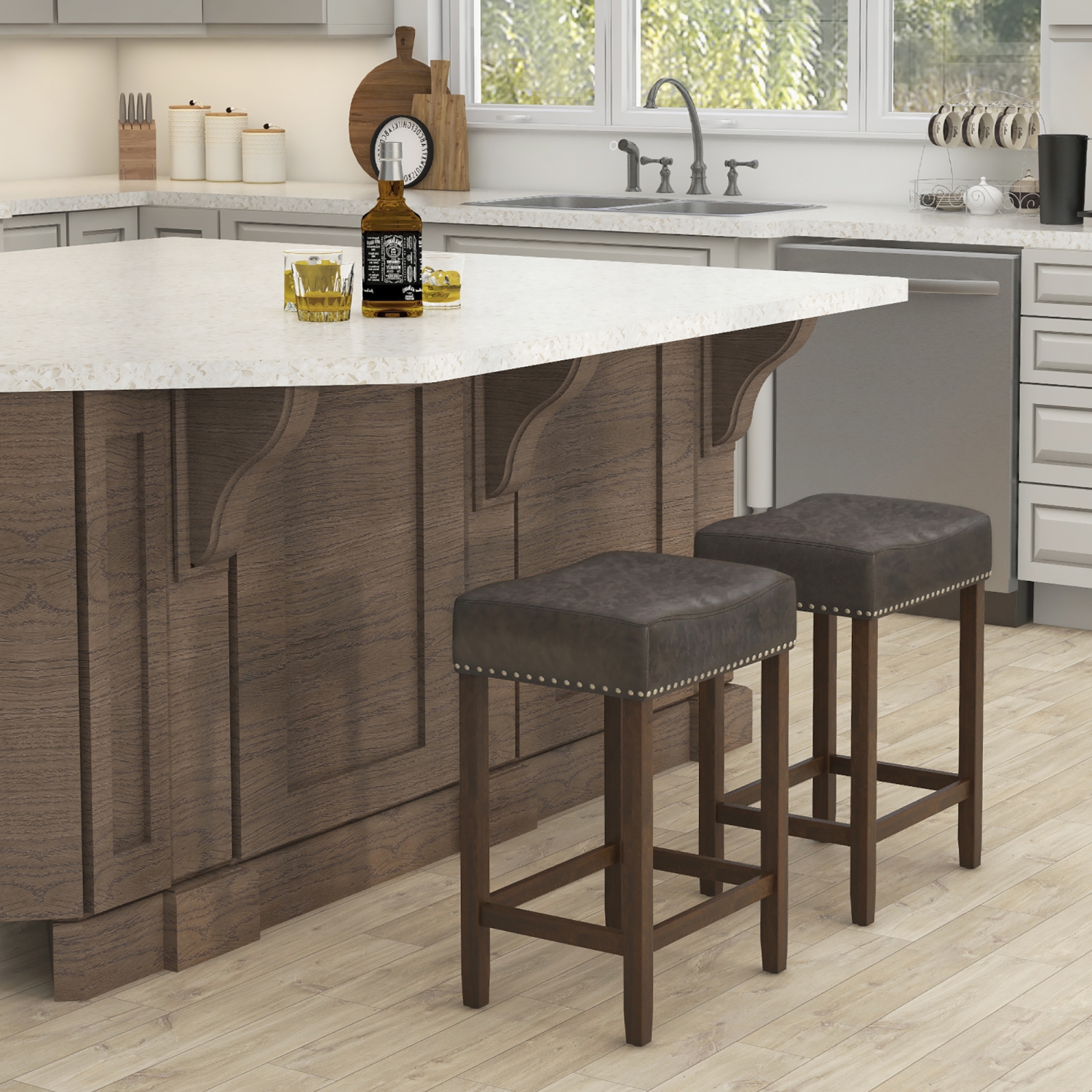 Gymax Bar Stool Set of 4 24-Inch Counter Height Saddle Stools w/ PU Leather Upholstery