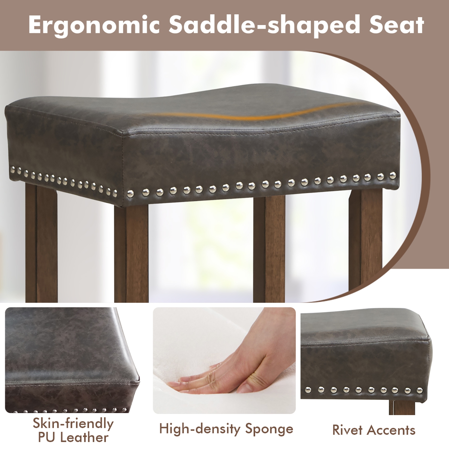 Gymax Bar Stool Set of 4 24-Inch Counter Height Saddle Stools w/ PU Leather Upholstery