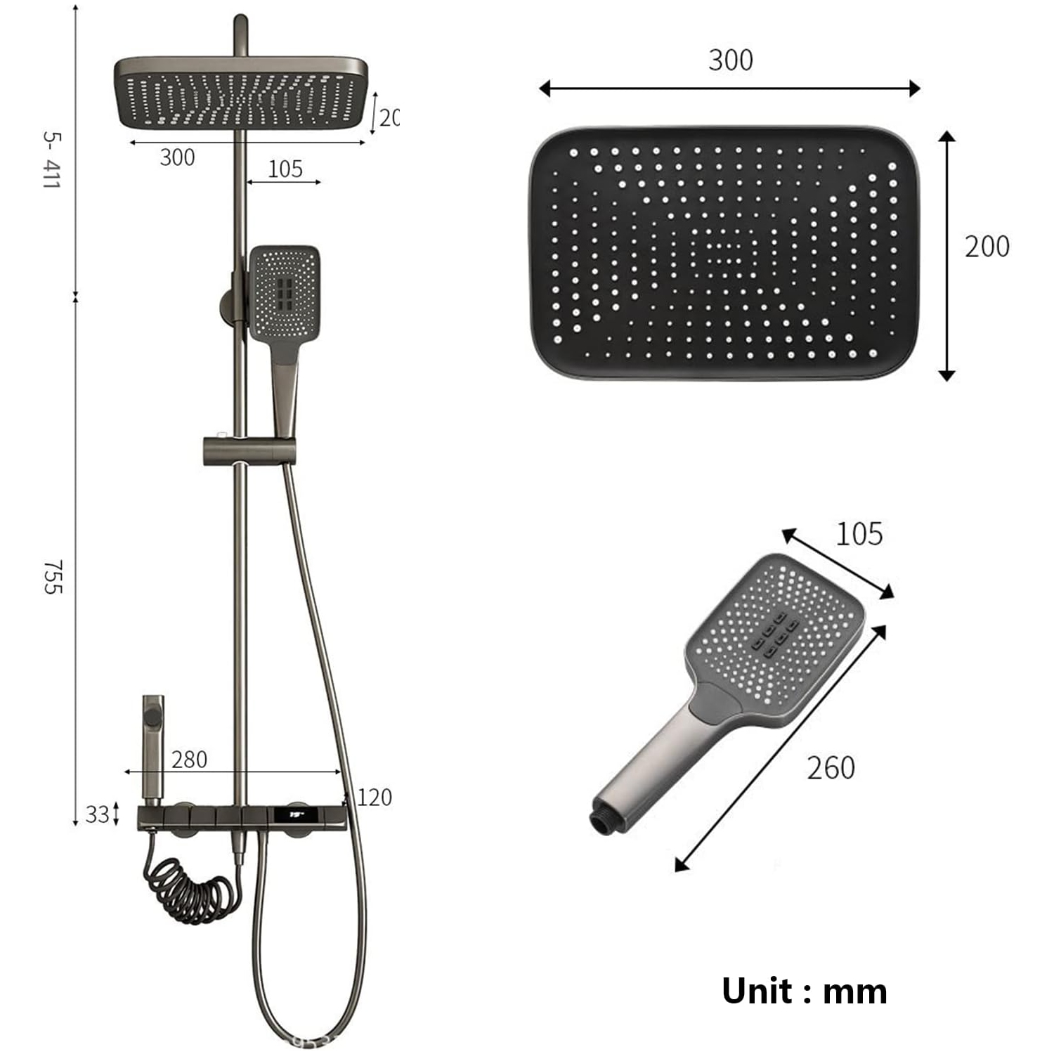 Robinet de douche gris pistolet, douche numérique, 4 fonctions, douche à effet pluie, robinet de baignoire en laiton, 3 modes, douche à main et