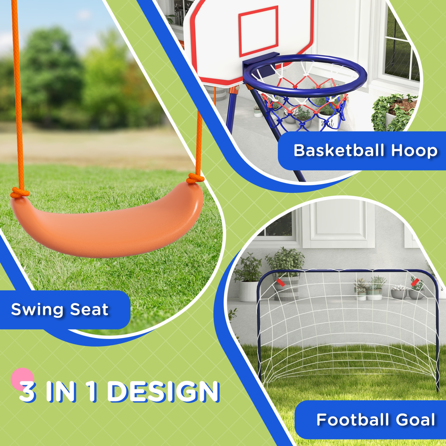 Outsunny 3 in 1 Metal Swing Set with Swing Seat, Basketball Hoop and Football Goal, Ground Stakes, Kids Swing Set for Backyard, Outdoor, Playground,