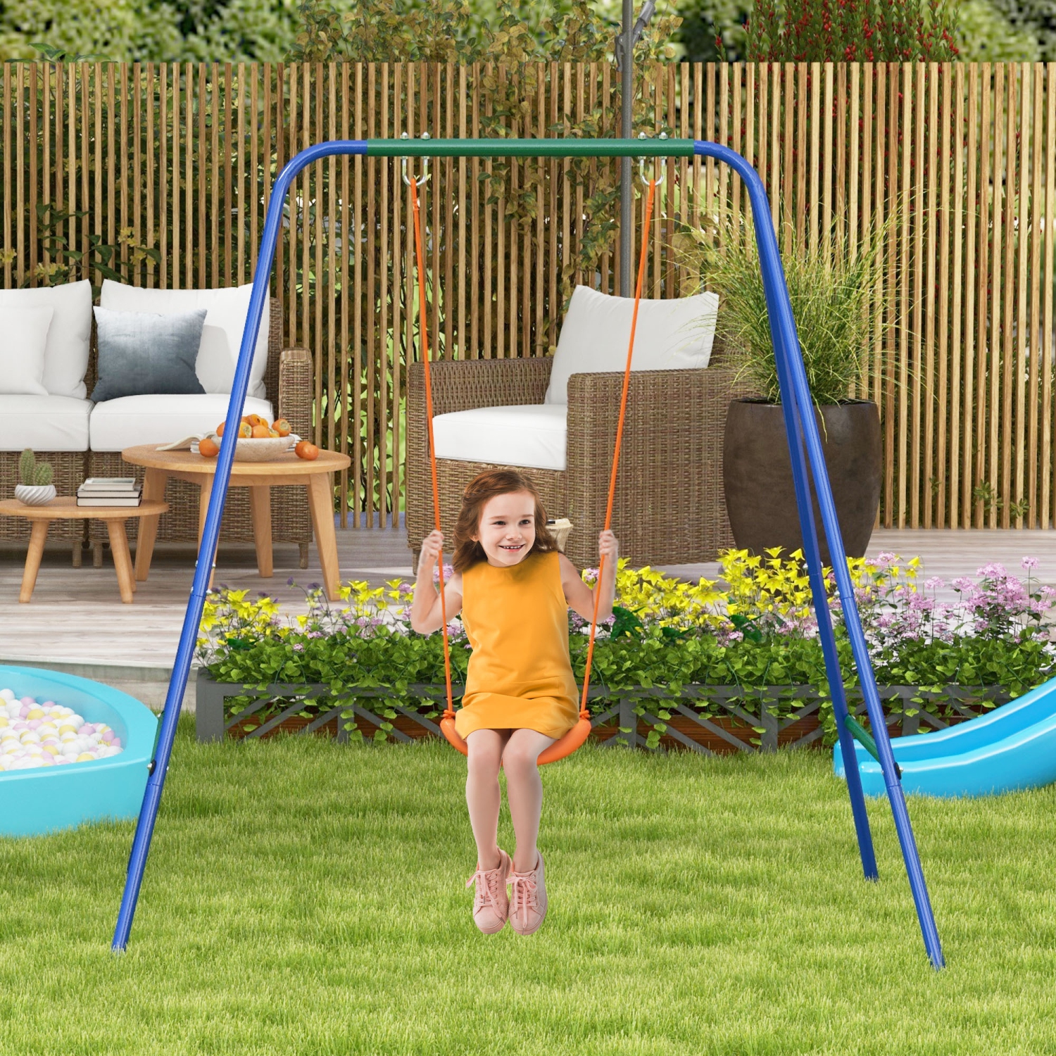 Outsunny 2 in 1 Metal Swing Set with Safety Harness, Kids Swing Set for Backyard, Outdoor, Playground, Multicoloured