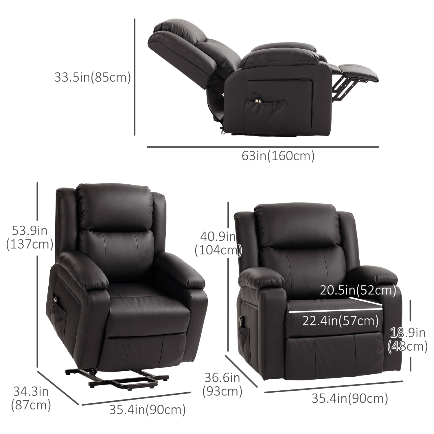HOMCOM Power Lift Chair for Elderly, PU Leather Upholstered Electric Recliner Chair with Quick Assembly, Remote, Footrest, Side Pockets, Reclining