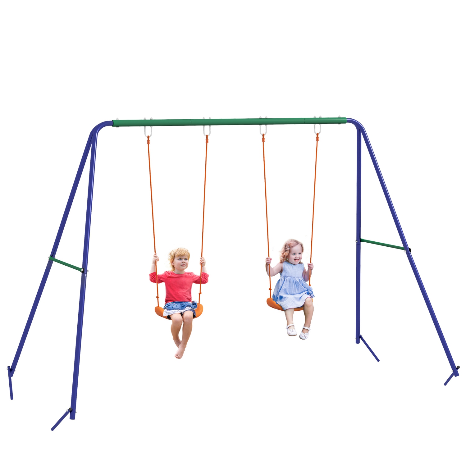 Outsunny 2 in 1 Metal Swing Set with Double Swing Seats, Ground Stakes, Kids Swing Set for Backyard, Outdoor, Playground, Multicoloured