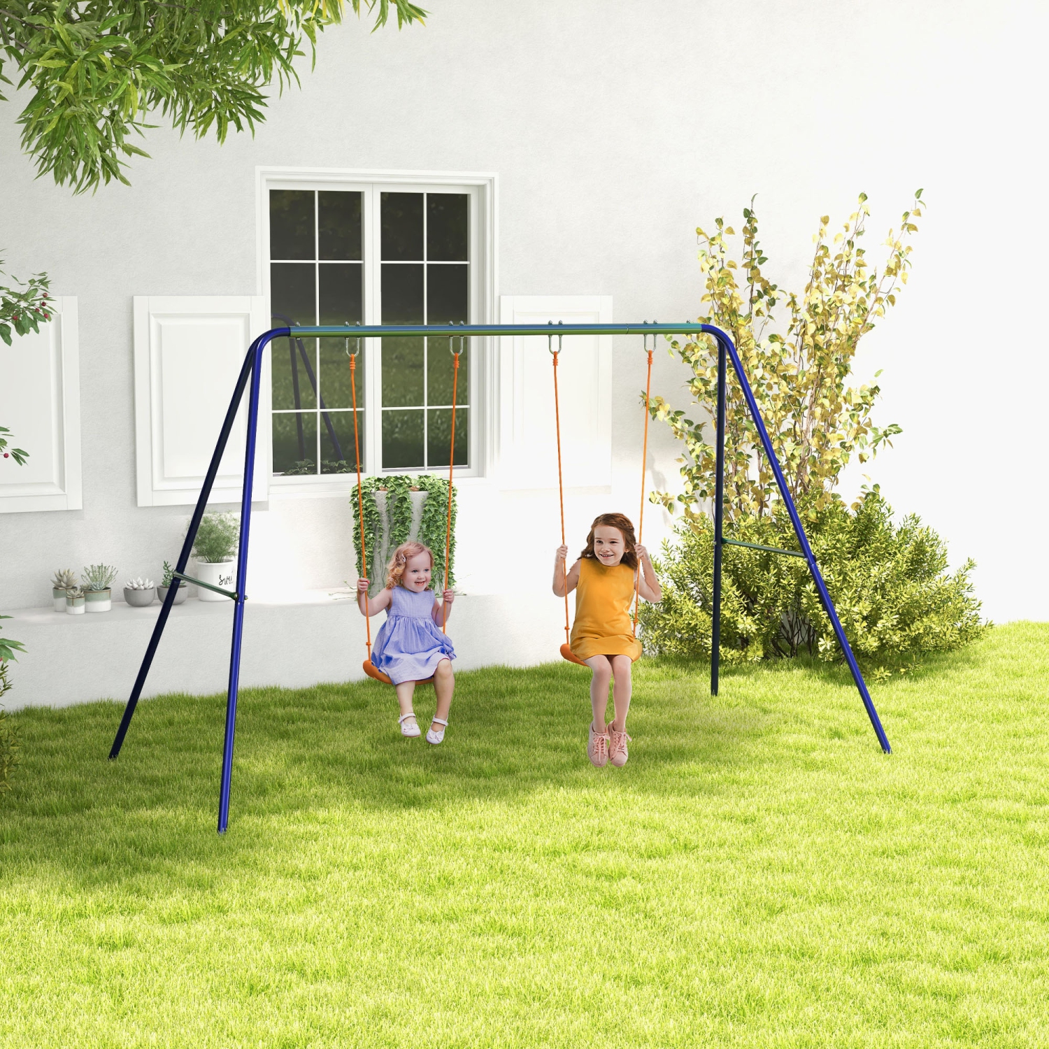 Outsunny 2 in 1 Metal Swing Set with Double Swing Seats, Ground Stakes, Kids Swing Set for Backyard, Outdoor, Playground, Multicoloured