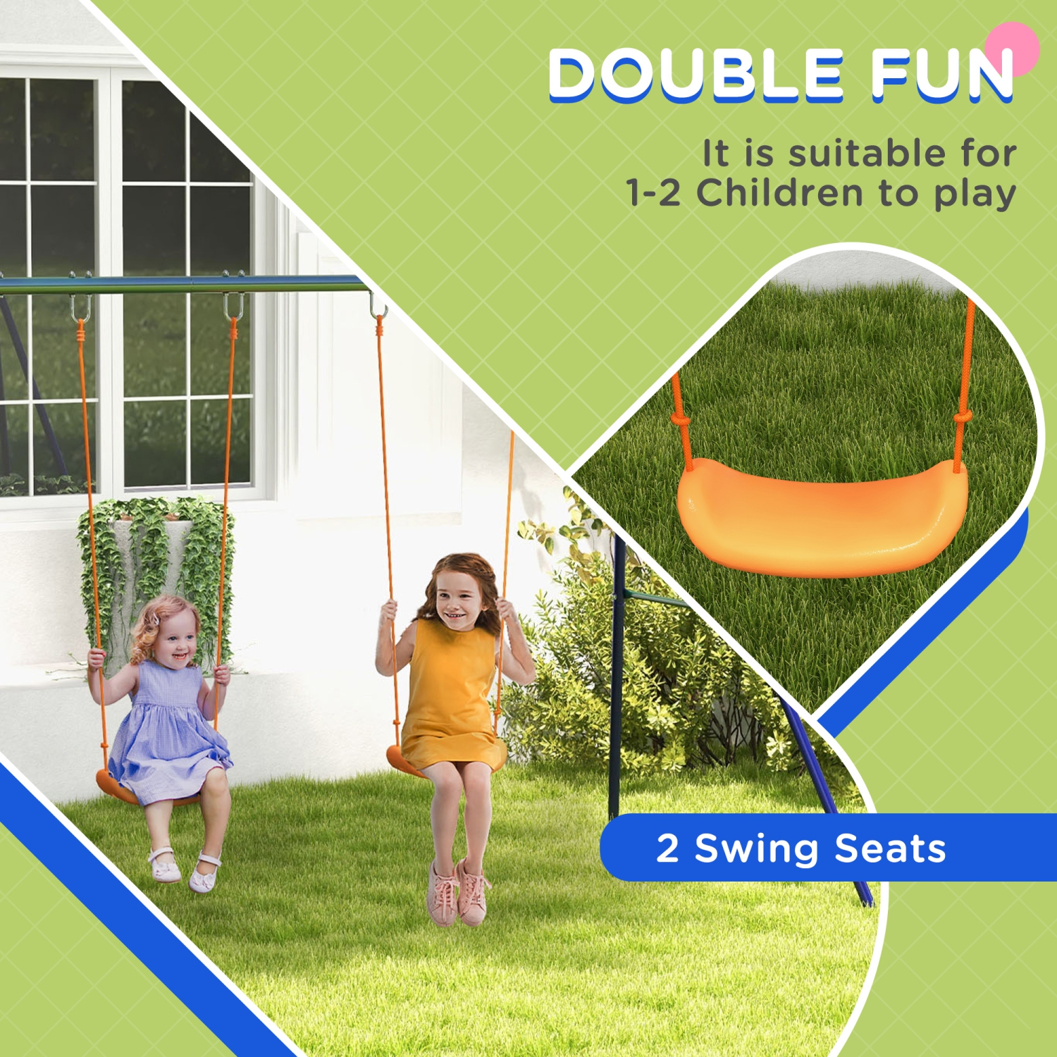 Outsunny 2 in 1 Metal Swing Set with Double Swing Seats, Ground Stakes, Kids Swing Set for Backyard, Outdoor, Playground, Multicoloured