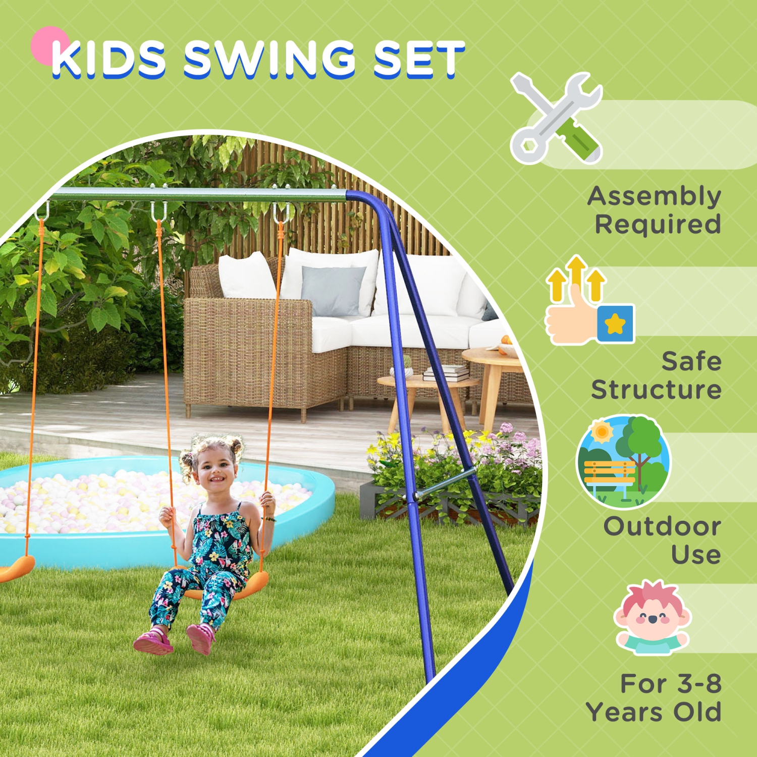 Outsunny 2 in 1 Metal Swing Set with Double Swing Seats, Ground Stakes, Kids Swing Set for Backyard, Outdoor, Playground, Multicoloured